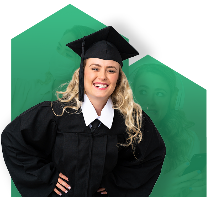 Blonde woman wearing a graduation cap and gown