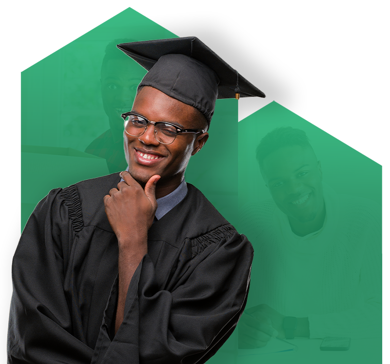 Man dressed in cap and gown smiling with his hand on his chin