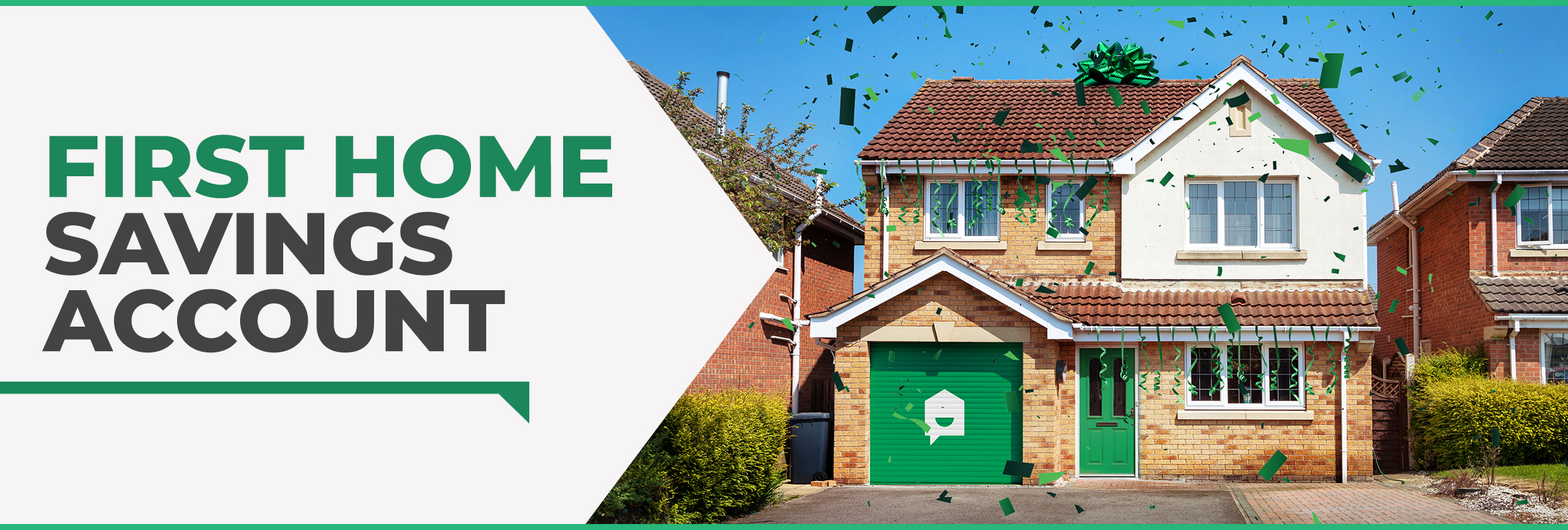 a picture of a house with a clear blue sky and green confetti falling