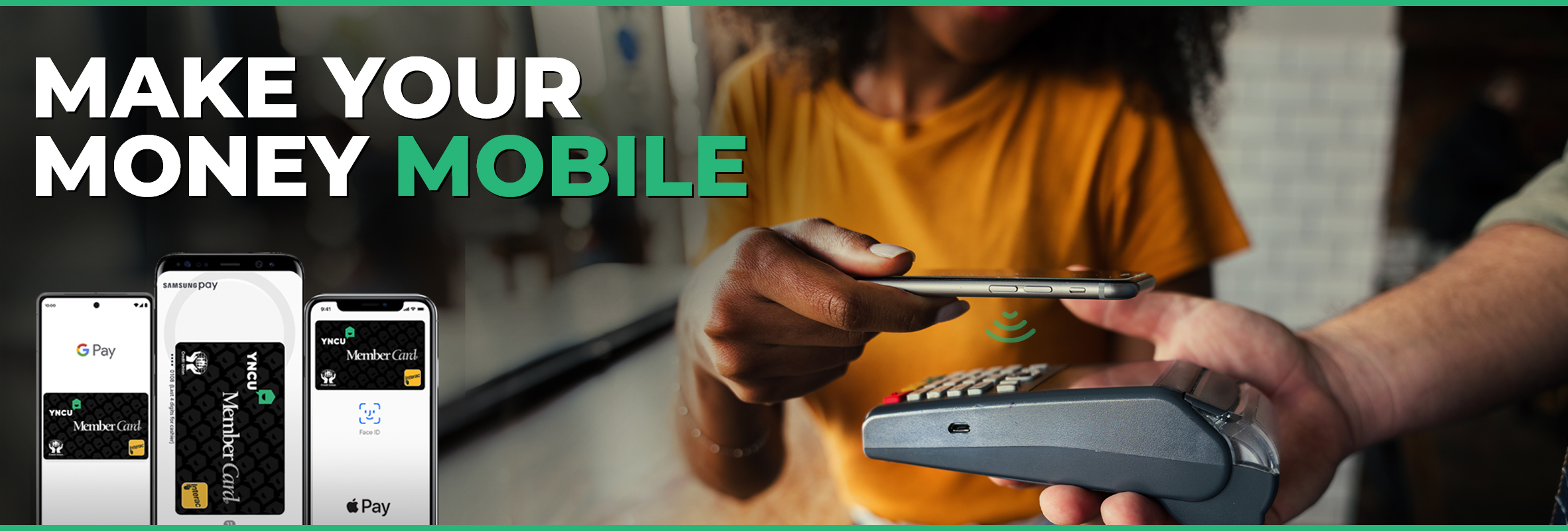 woman paying on a debit terminal with her mobile device