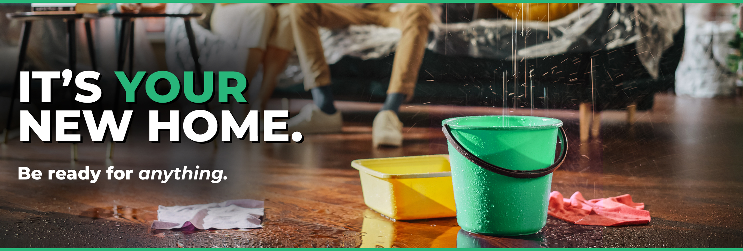 Water dripping into a bucket and on to the floor inside of an apartment.