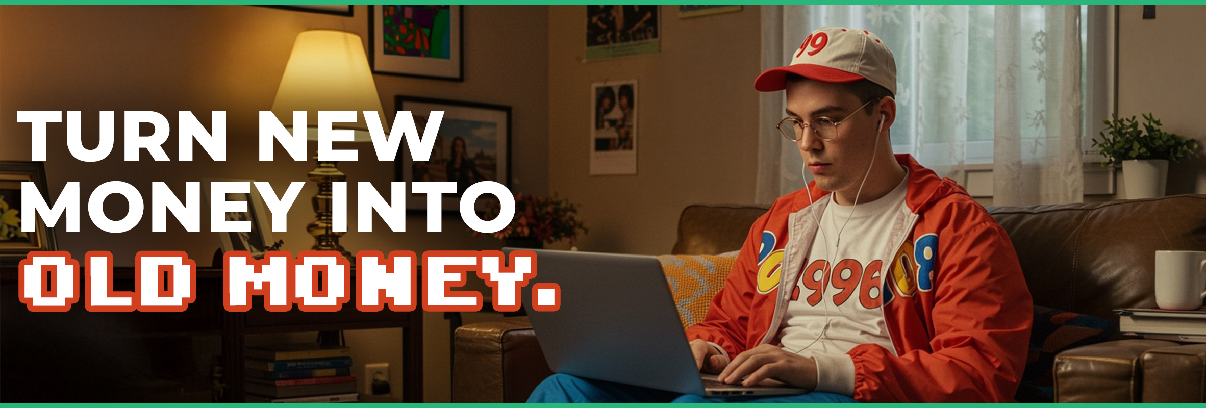 a guy in 90s clothes is sitting on a couch with his laptop