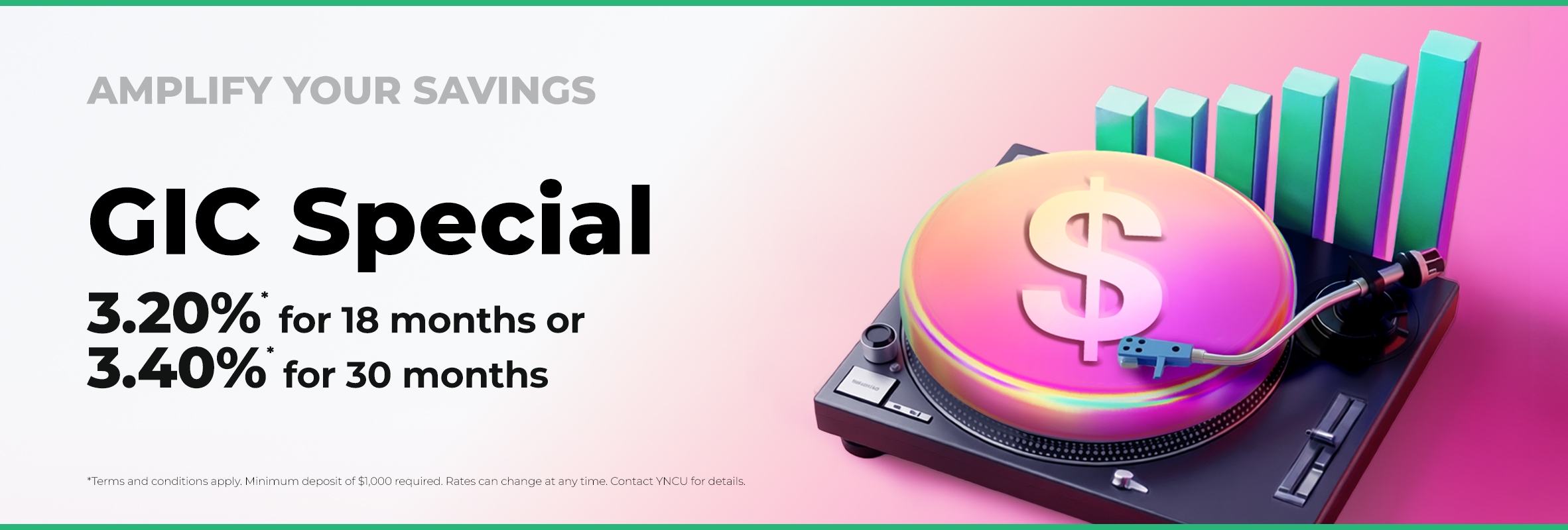 record player playing a pink coin with an escalating bar graph in the background