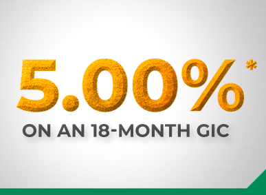 5.00%* in large gold letters with the words "on an 18-month gic" in smaller text.