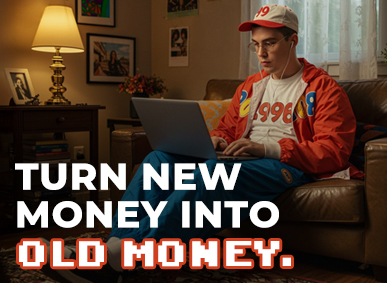 guy sitting on a couch in 90s attire with a laptop on his lap