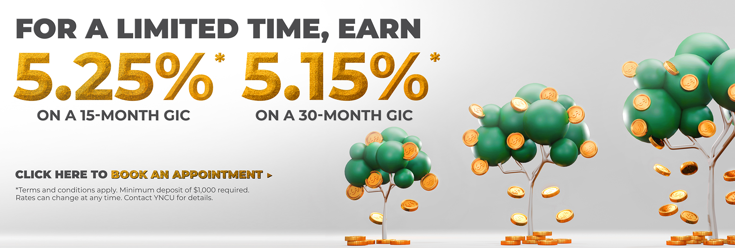 three trees of escalating sizes with coins dropping from the branches