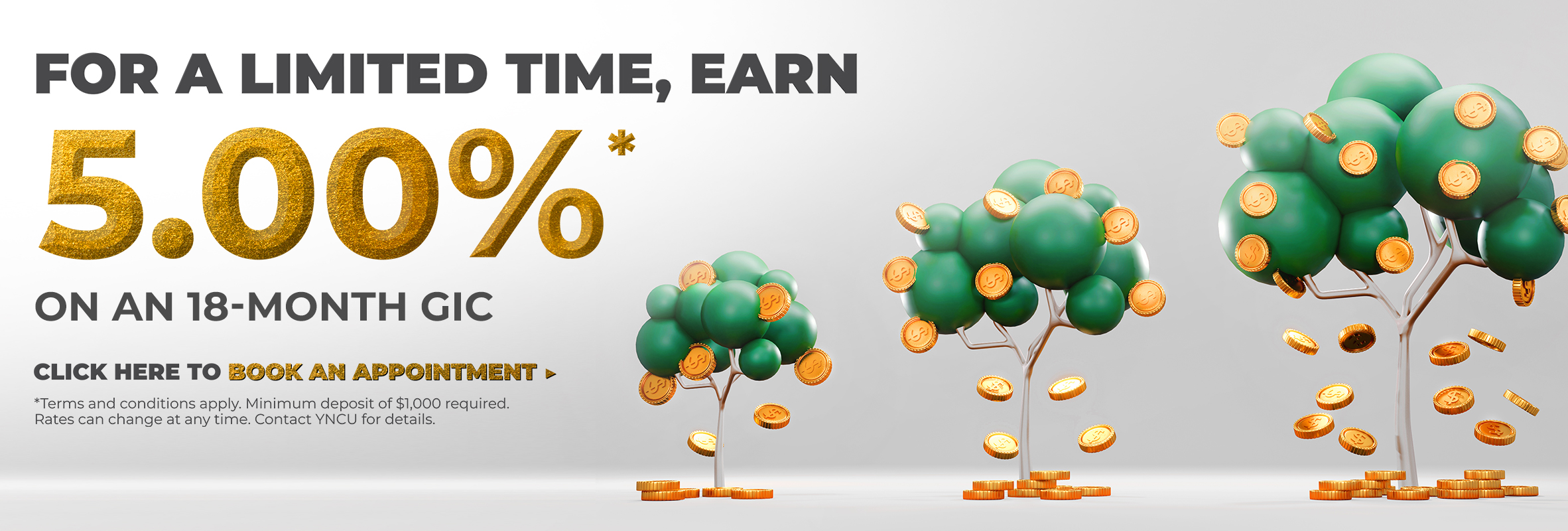Cartoon trees with coins falling from them reads "for a limited time, earn 5.00%* on an 18-month GIC."