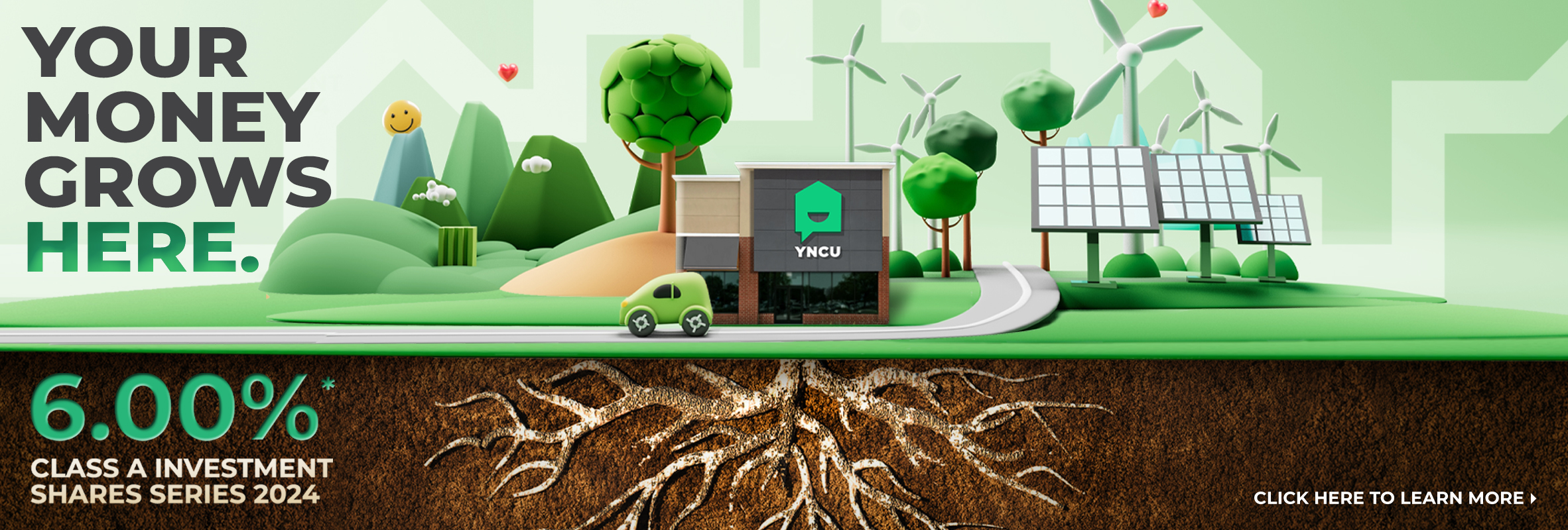 A YNCU branch with various renewable energy sources in the background. Roots are growing from the branch.