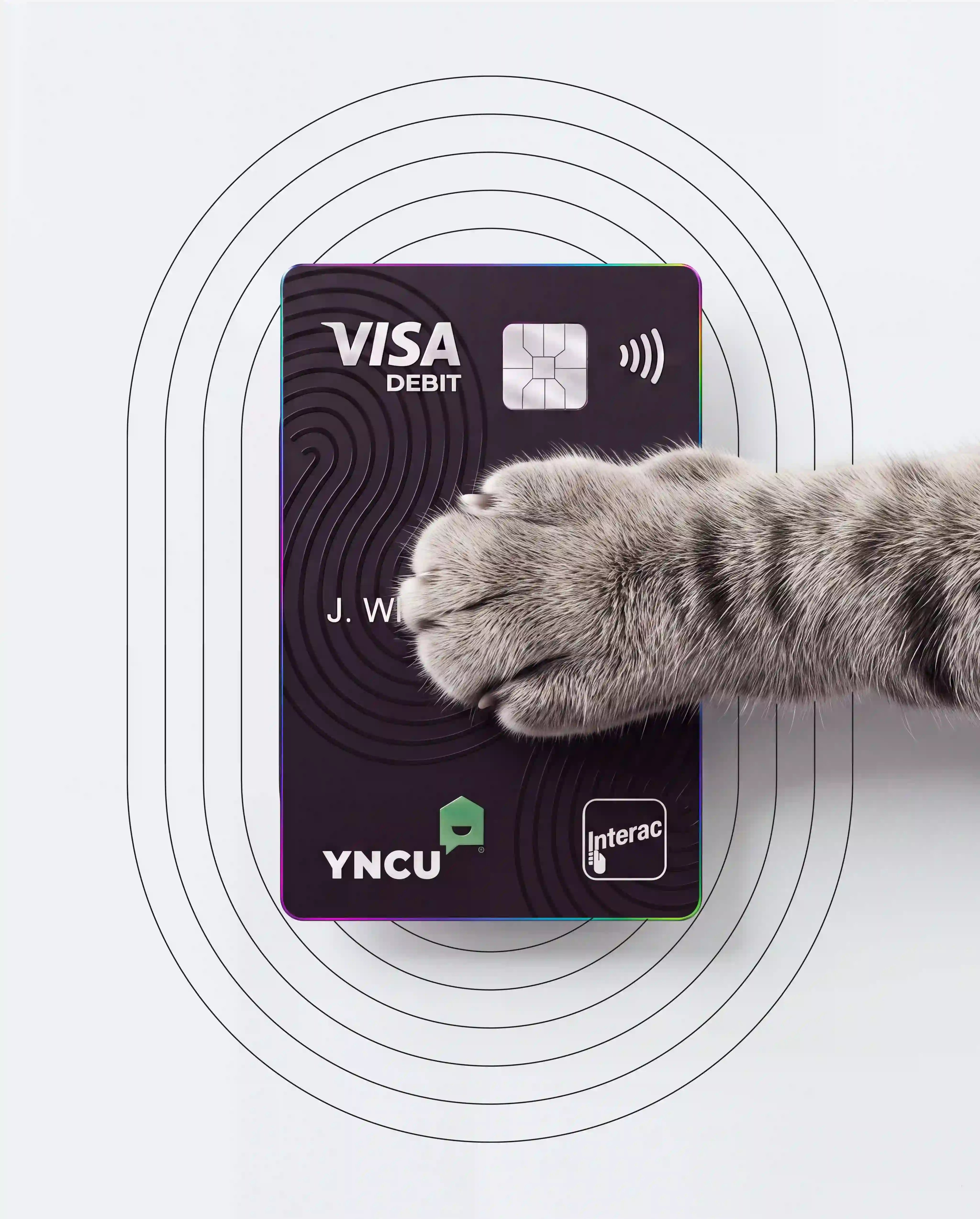 A cat's paw on a YNCU Visa Debit card on a pale background with geometric designs