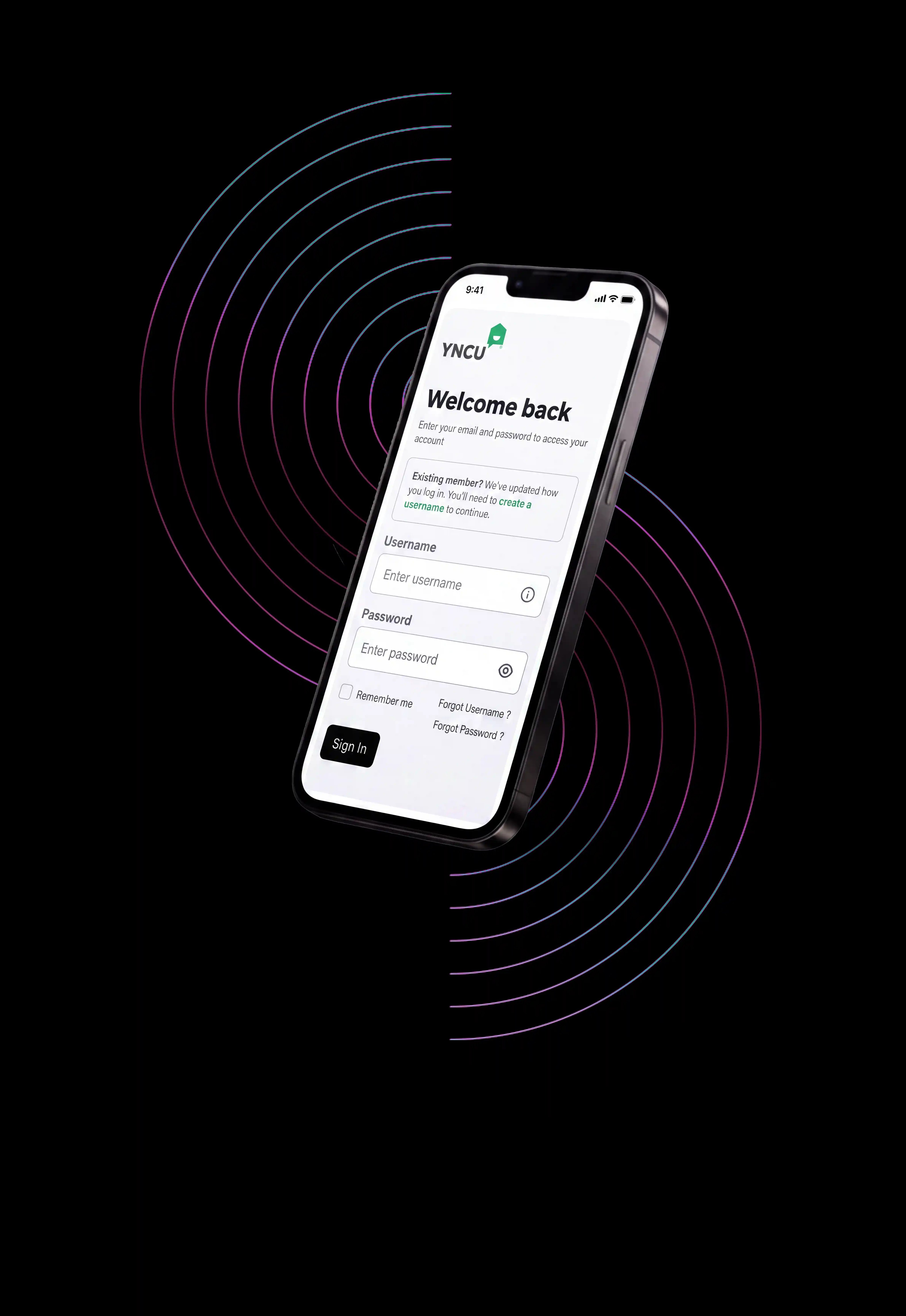 Smart phone with screen to YNCU online banking on black background with geometric designs
