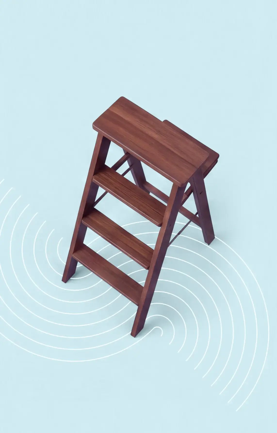 A wooden ladder on a blue background with geometric lines