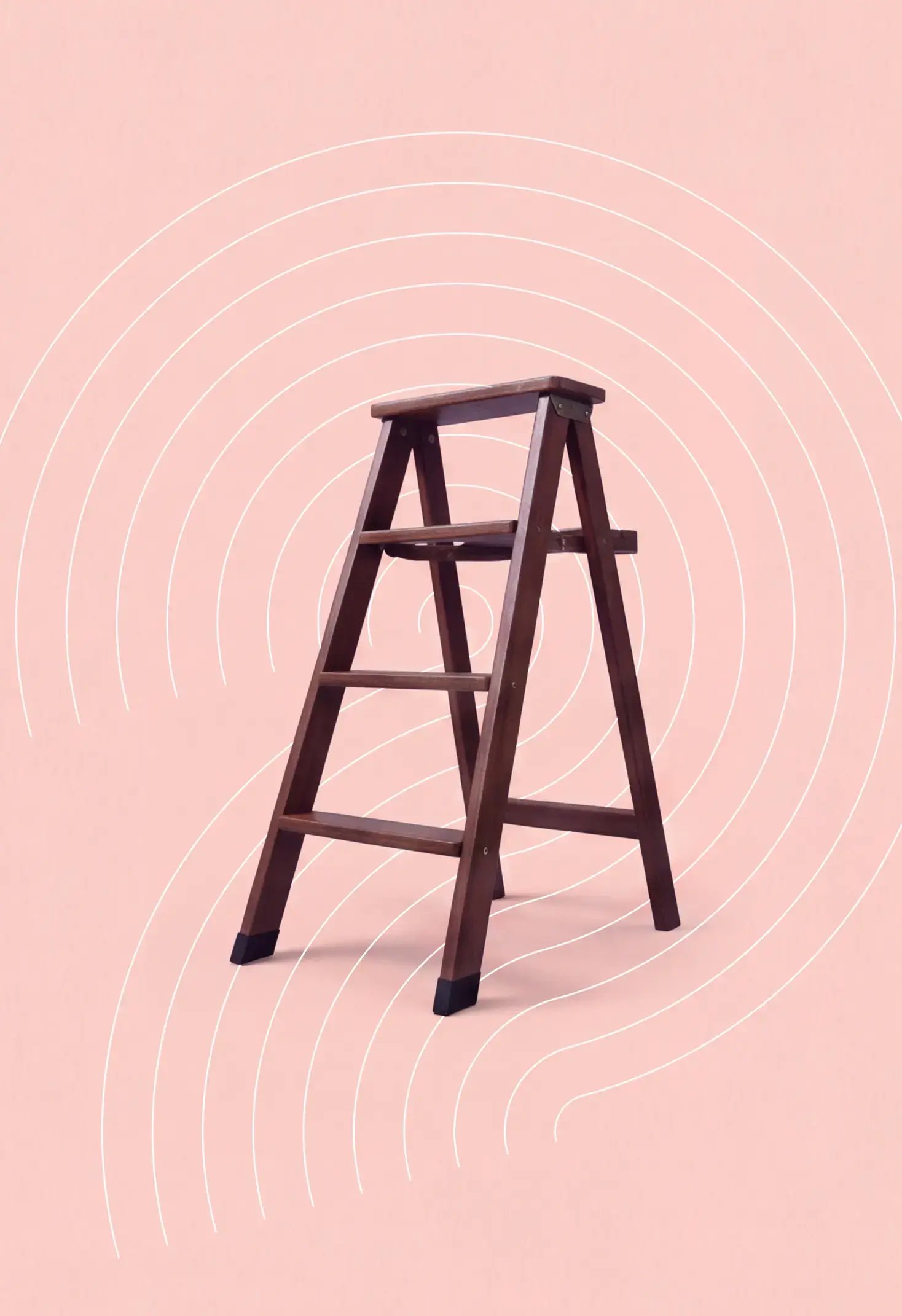 A wooden ladder on a pink background with geometric lines