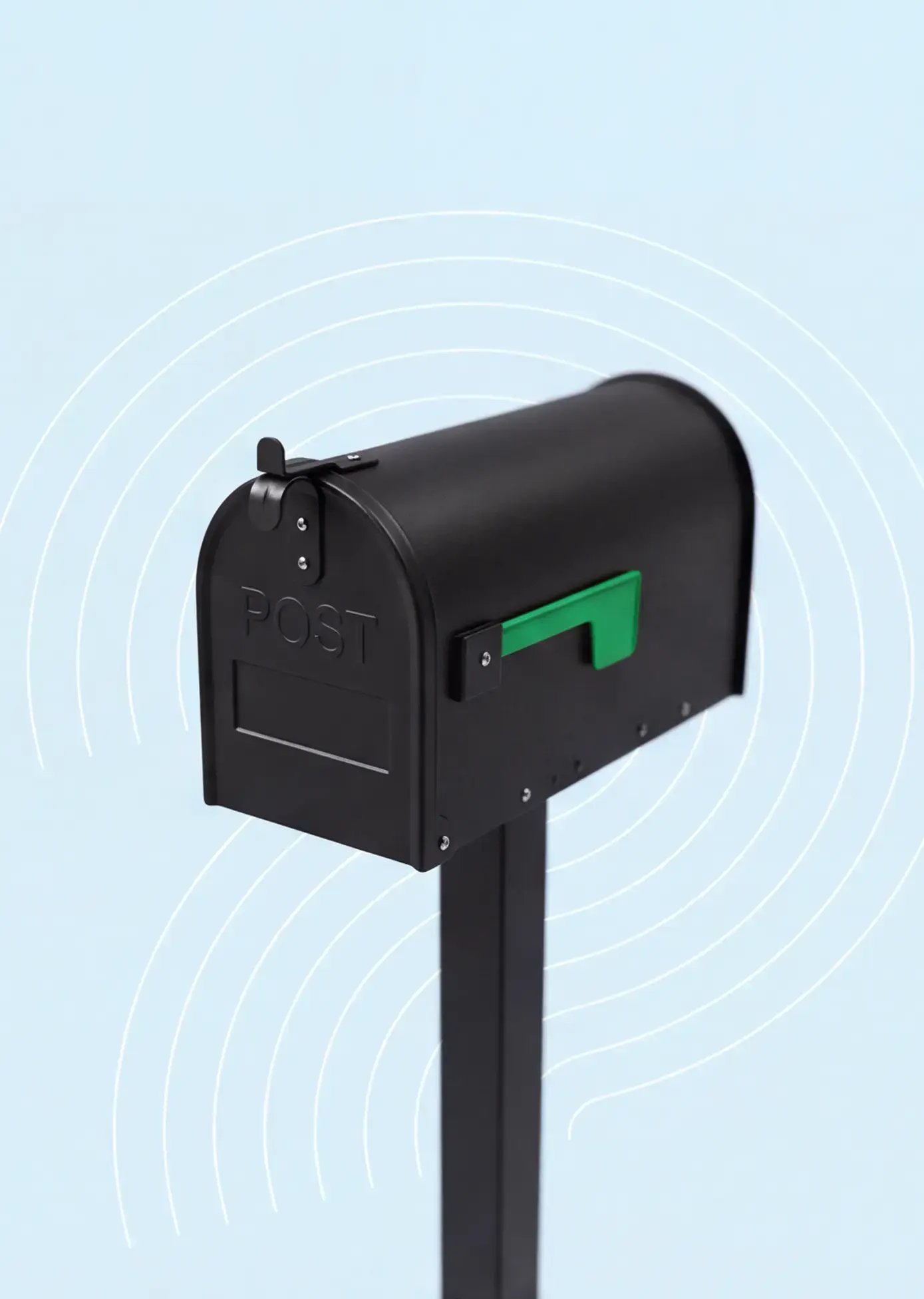 A black mailbox with a little green flag on a blue background with circular designs