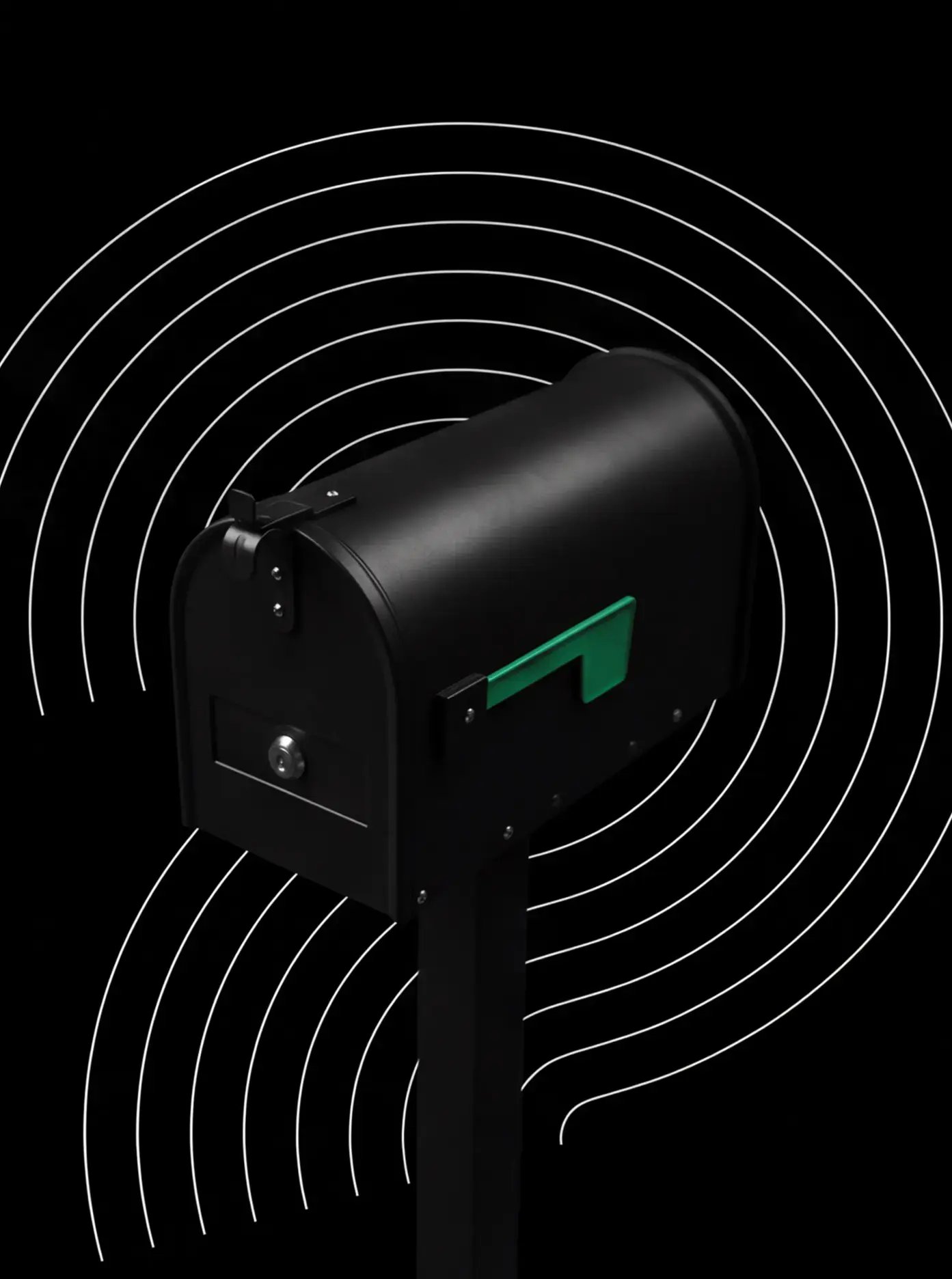 A black mailbox with a little green flag on a black background with circular designs