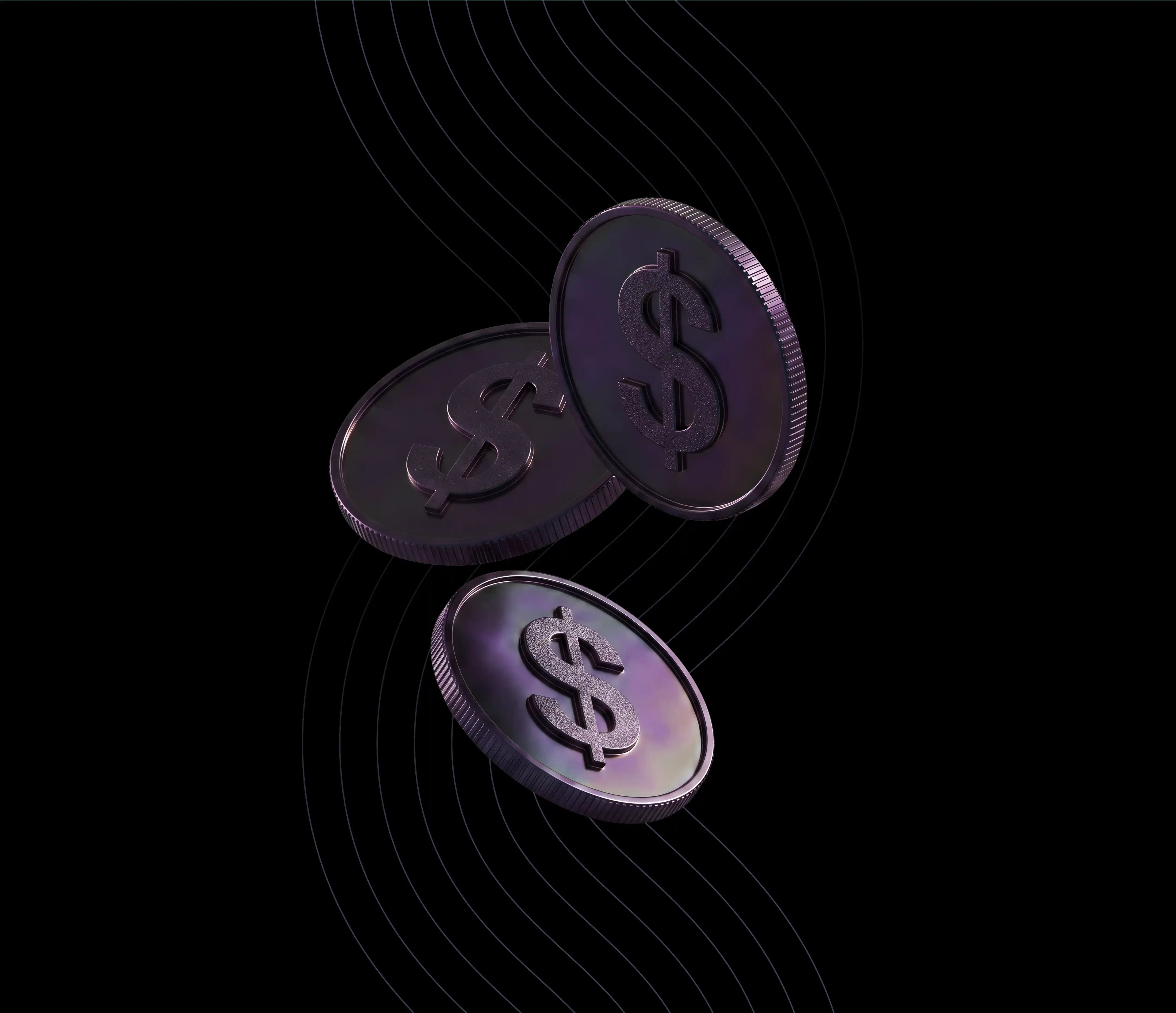 Three coins fallings on a black background