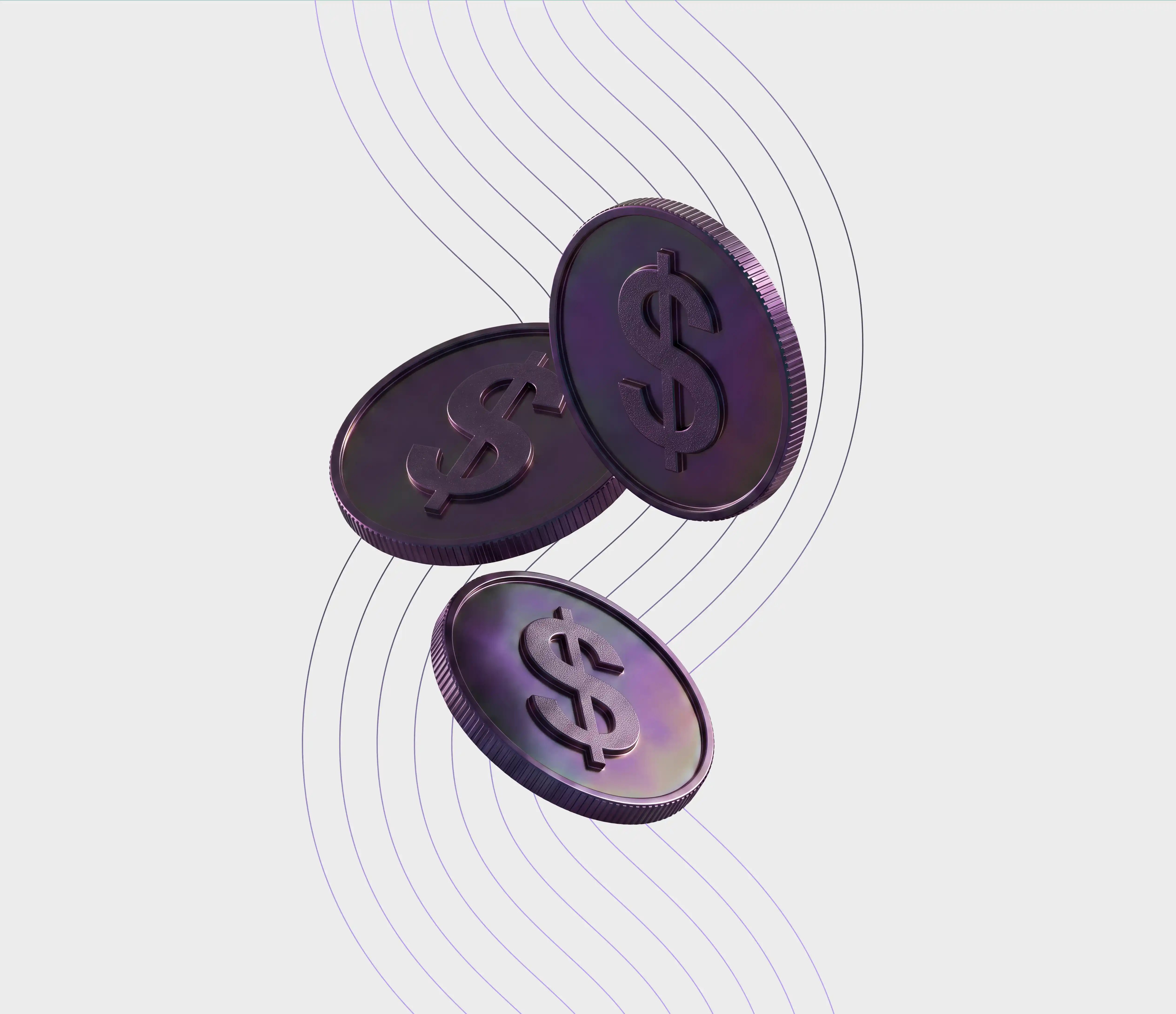 Three coins fallings on a grey background with geometric shapes