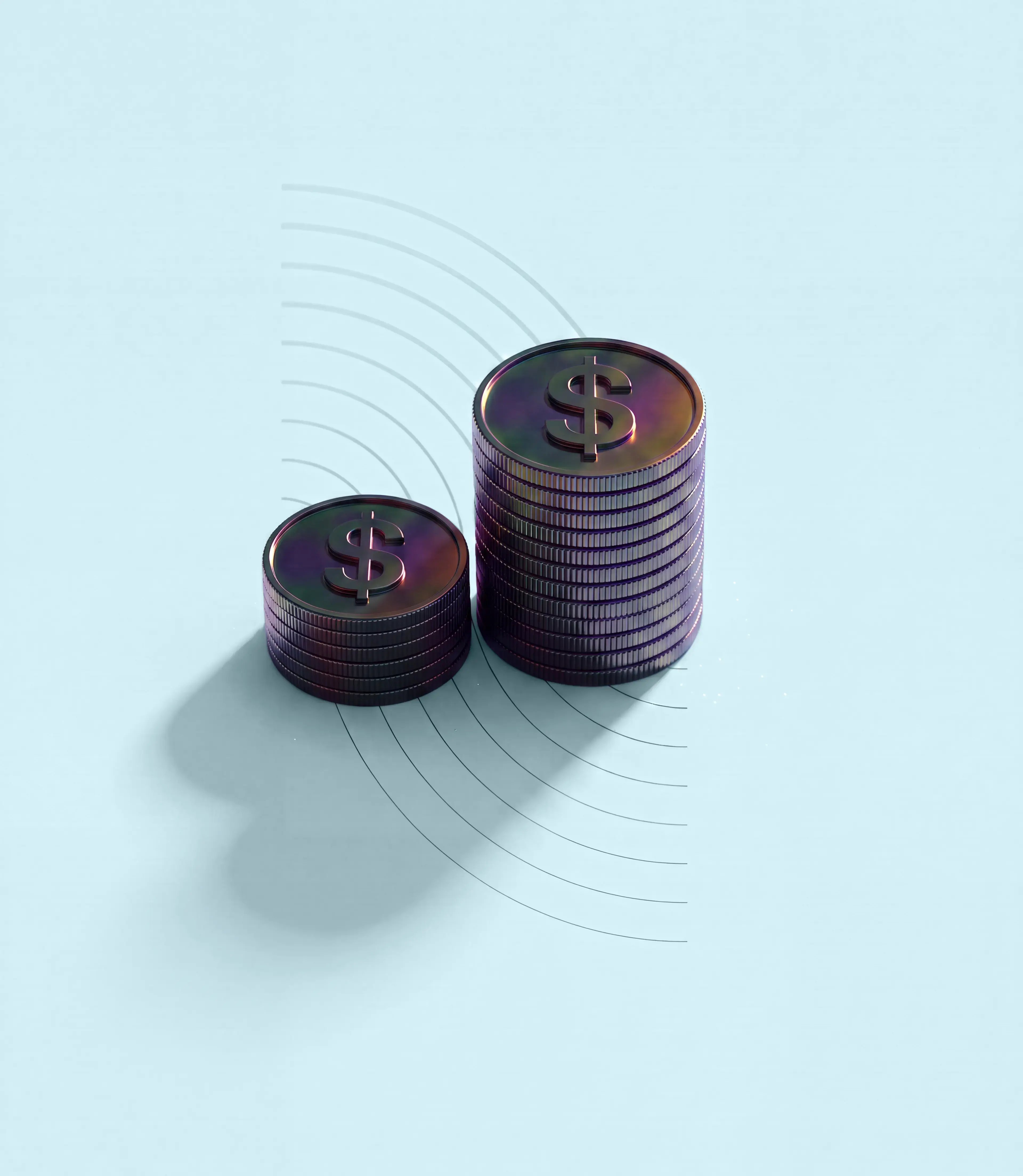 Stacked coins on a blue background with geometric designs