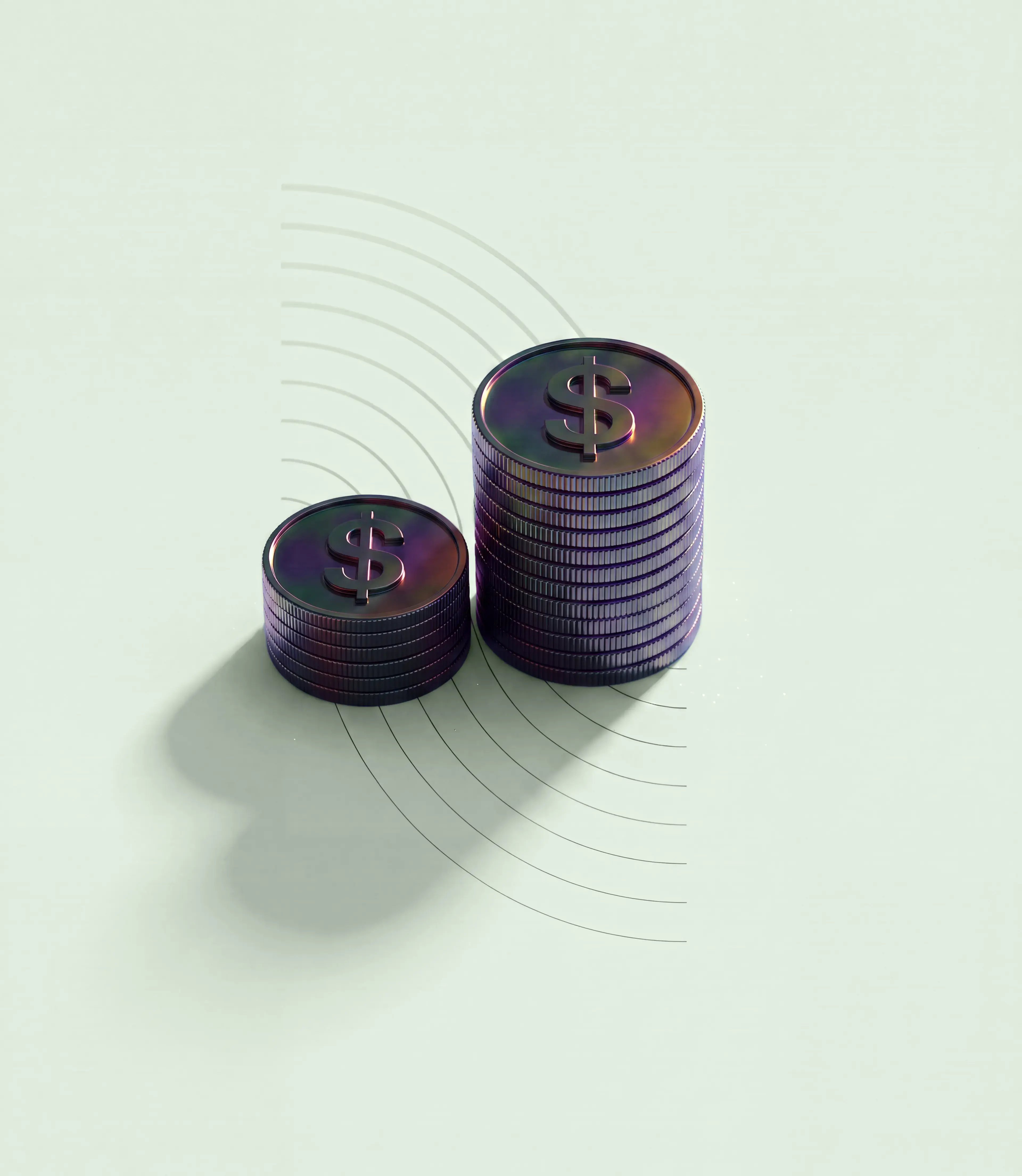 Stacked coins on a green background with geometric designs