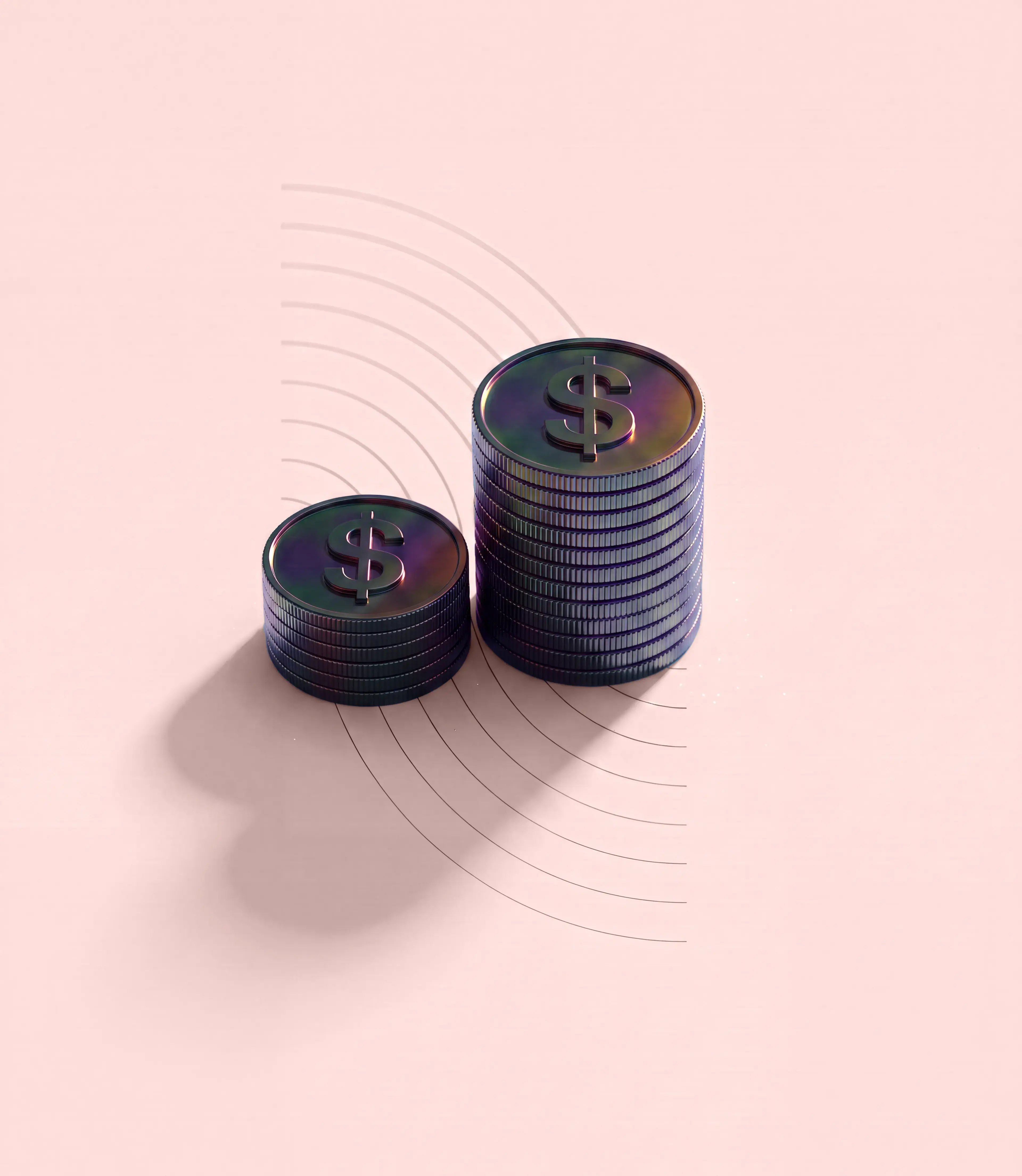 Stacked coins on a pink background with geometric designs