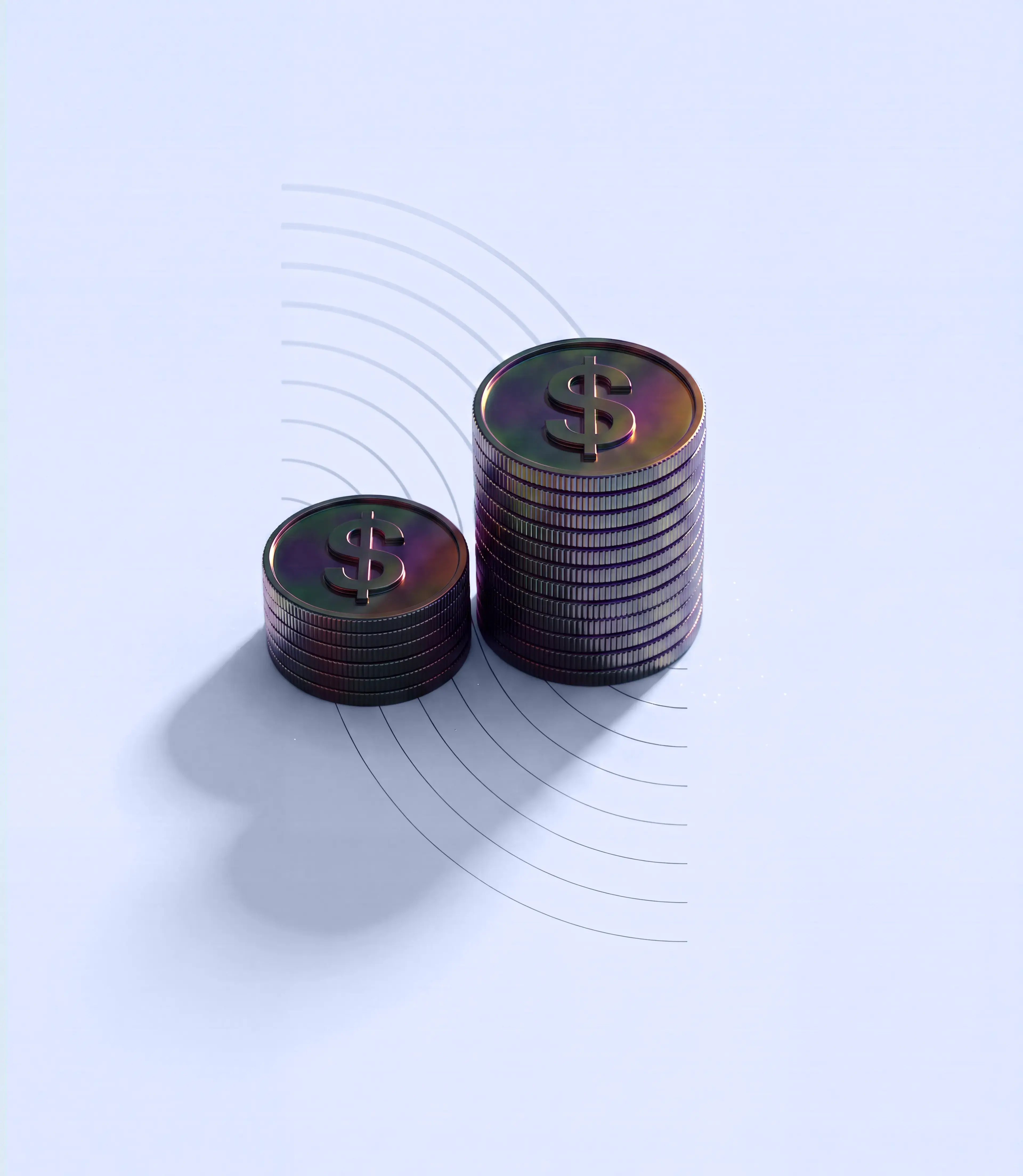 Stacked coins on a purple background with geometric designs