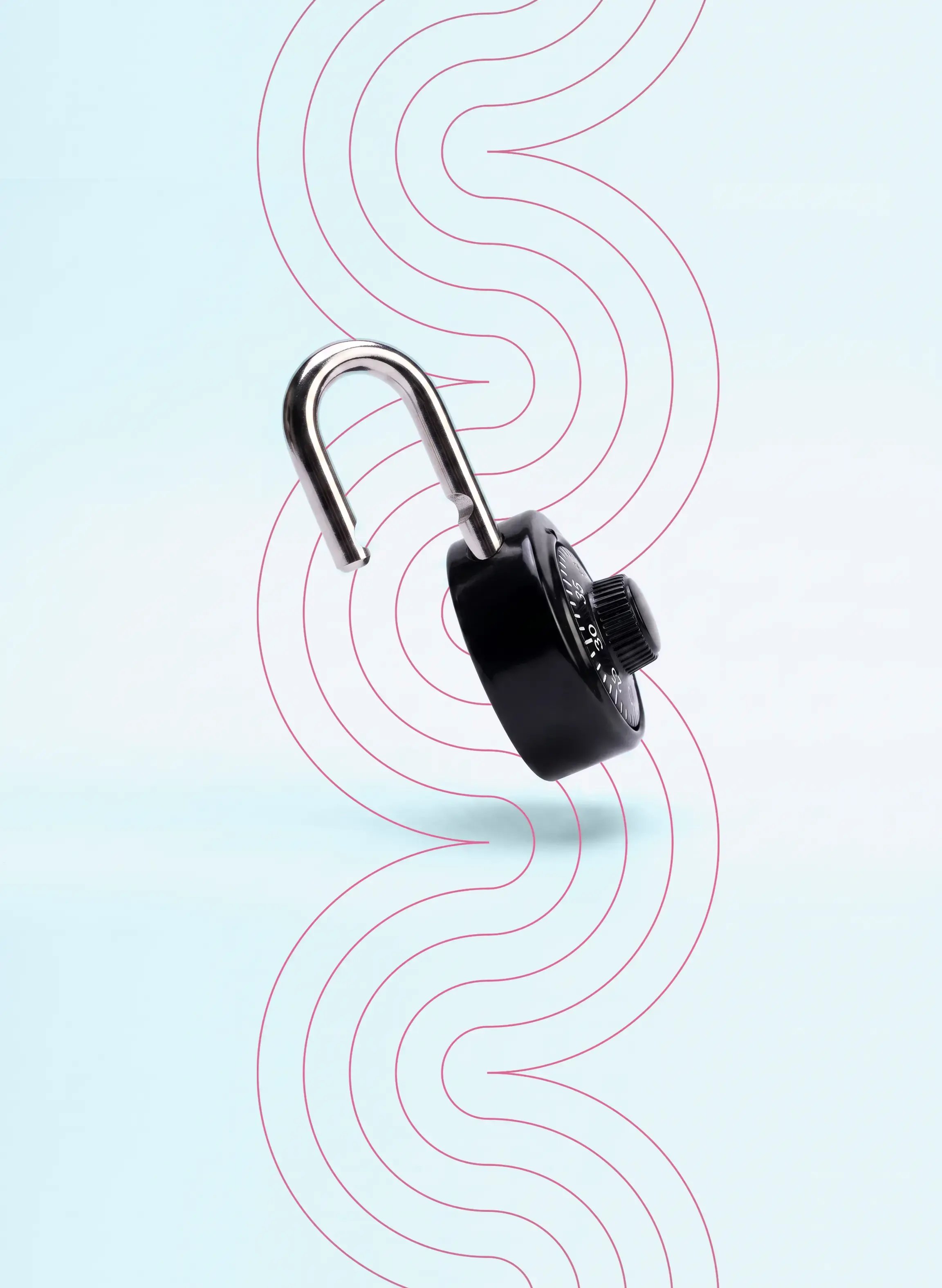 A photo of an open lock on a pale blue background with geometric designs