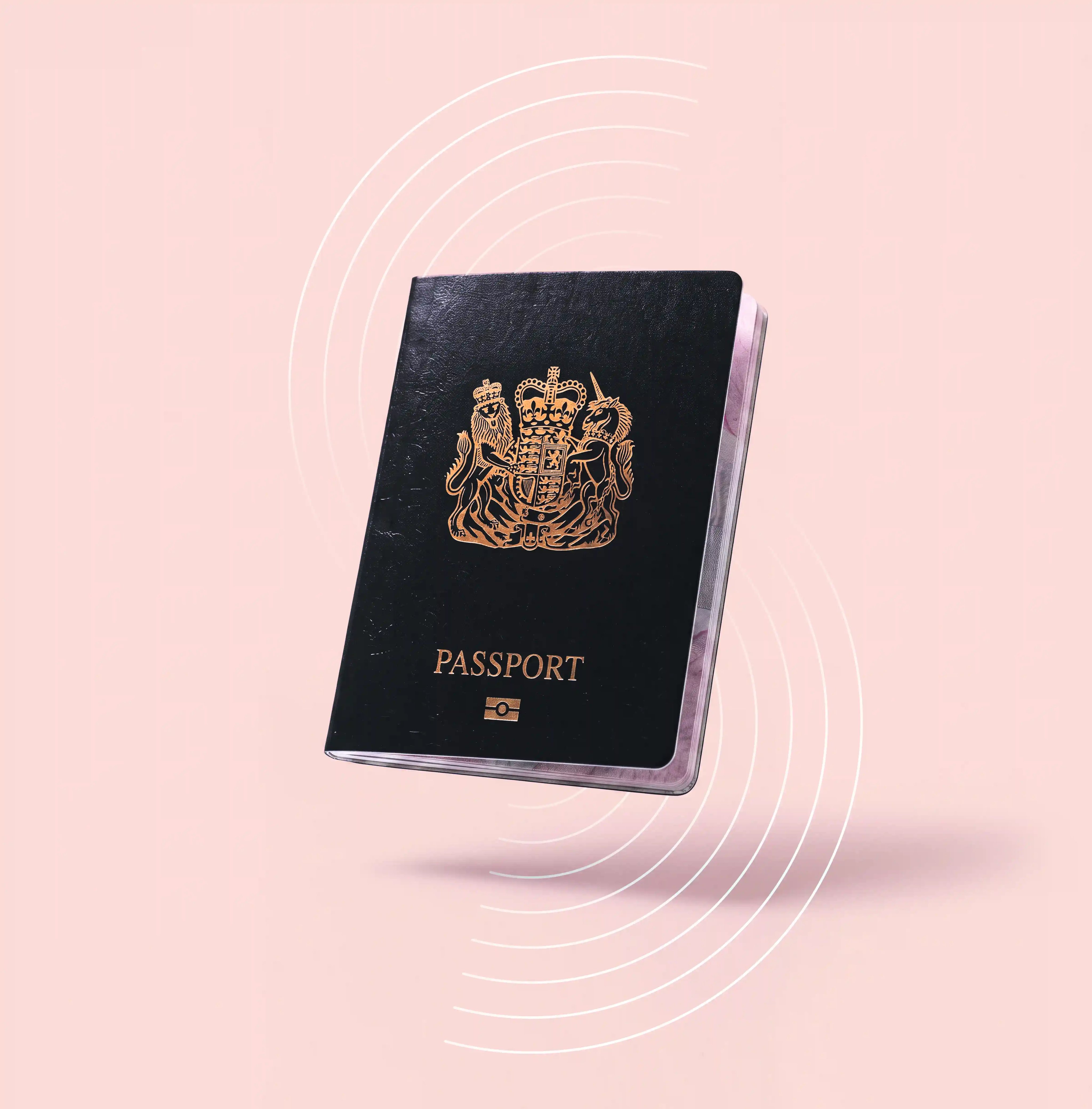 Black passport on a pink background with circular designs