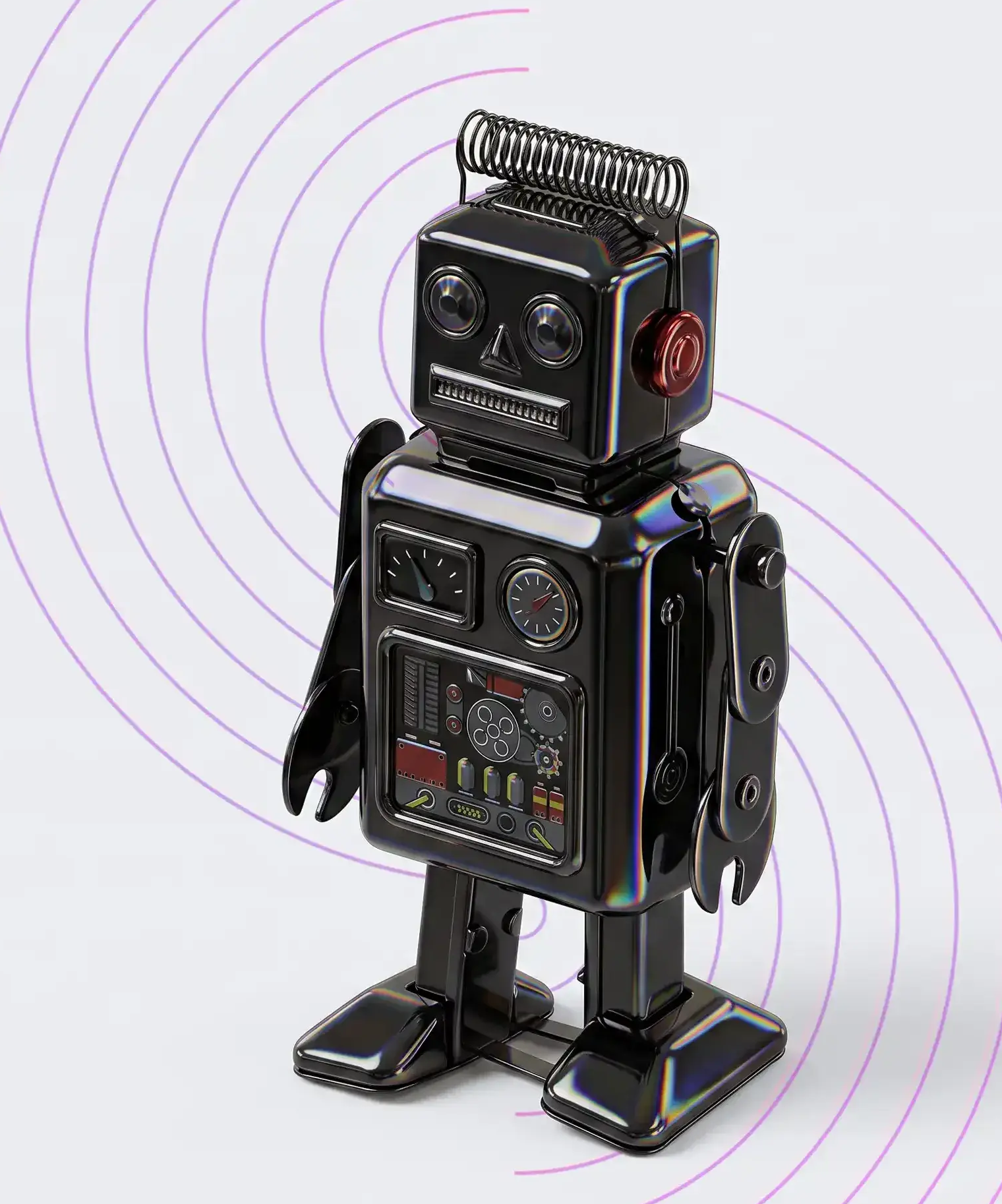 Toy robot standing on a pale background with purple circular designs