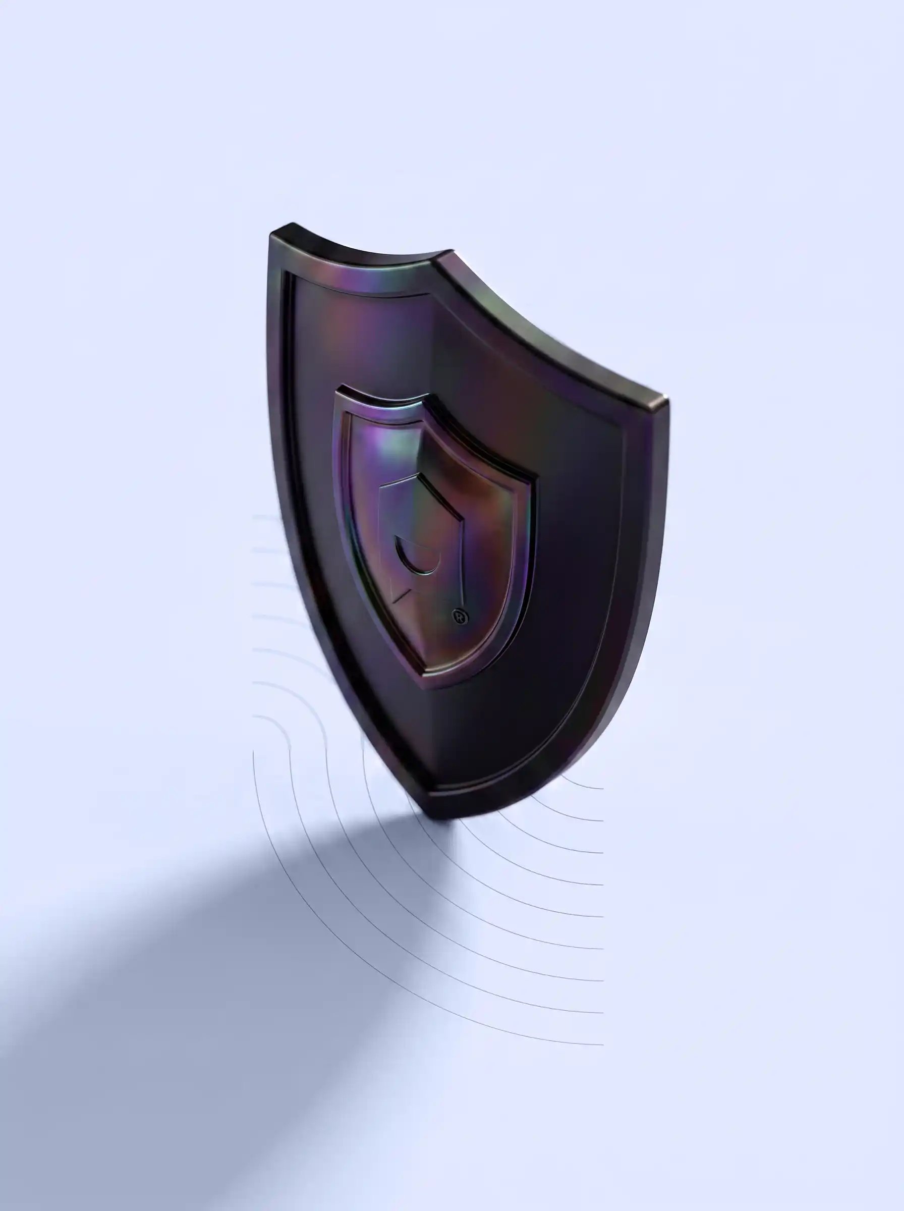 A black shield on a blue background with geometric designs