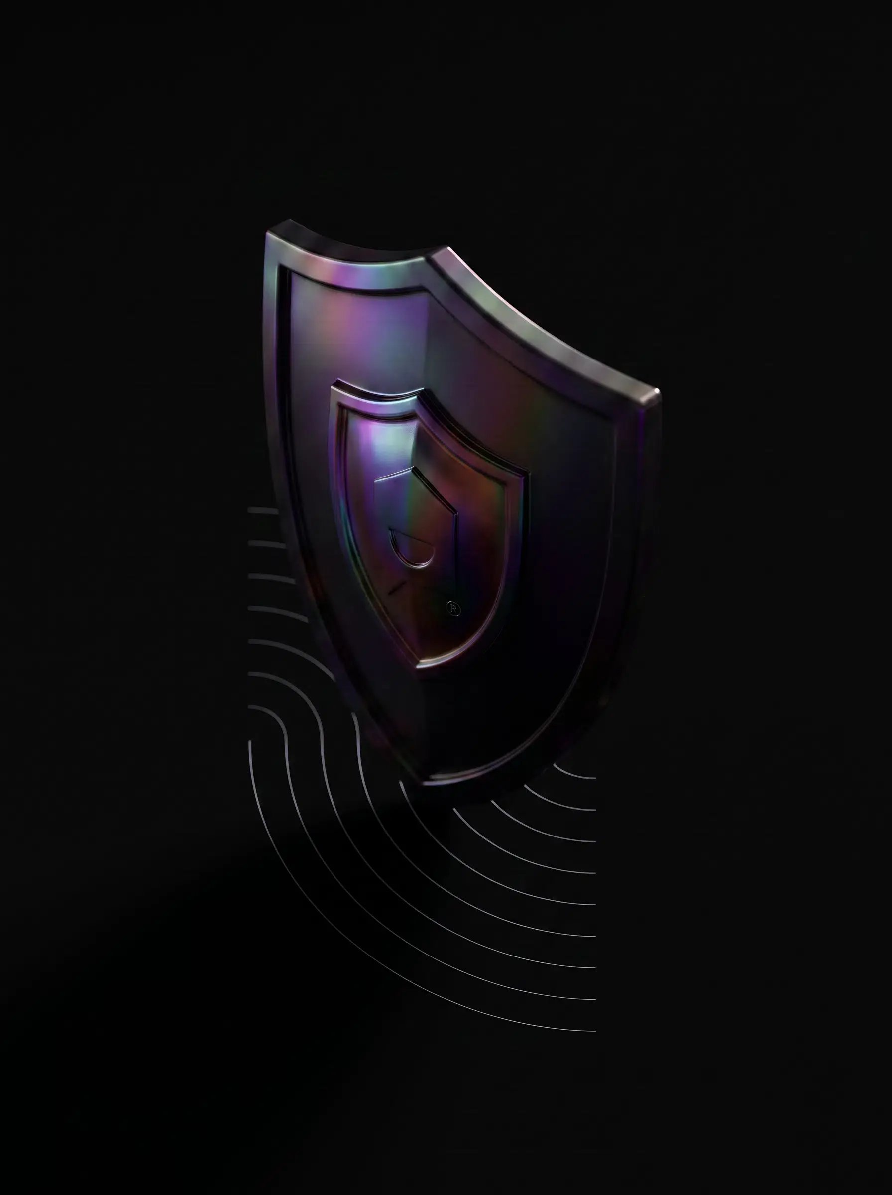 A black shield on a black background with geometric designs