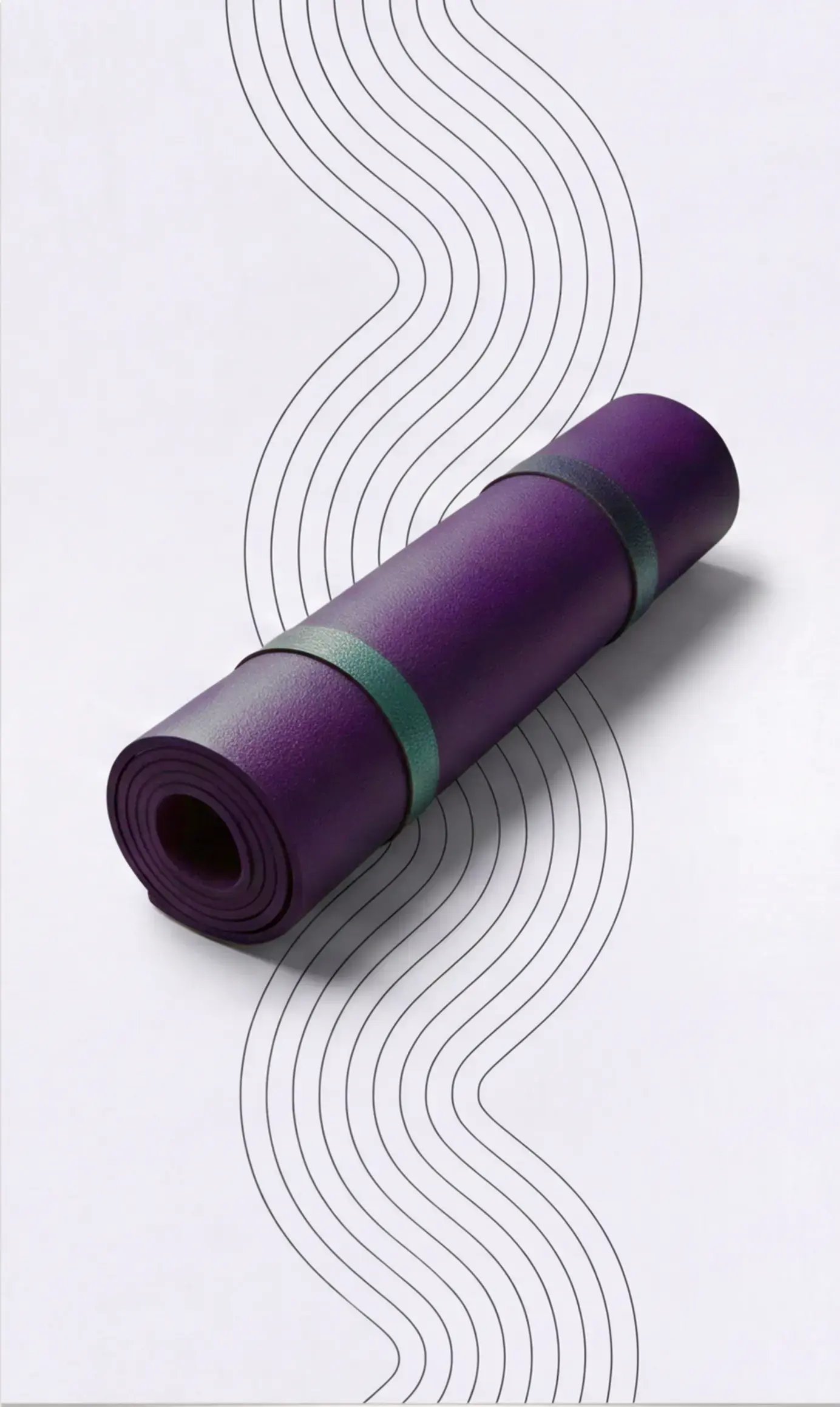 Rolled up purple yoga mat on a pale background with geometric designs