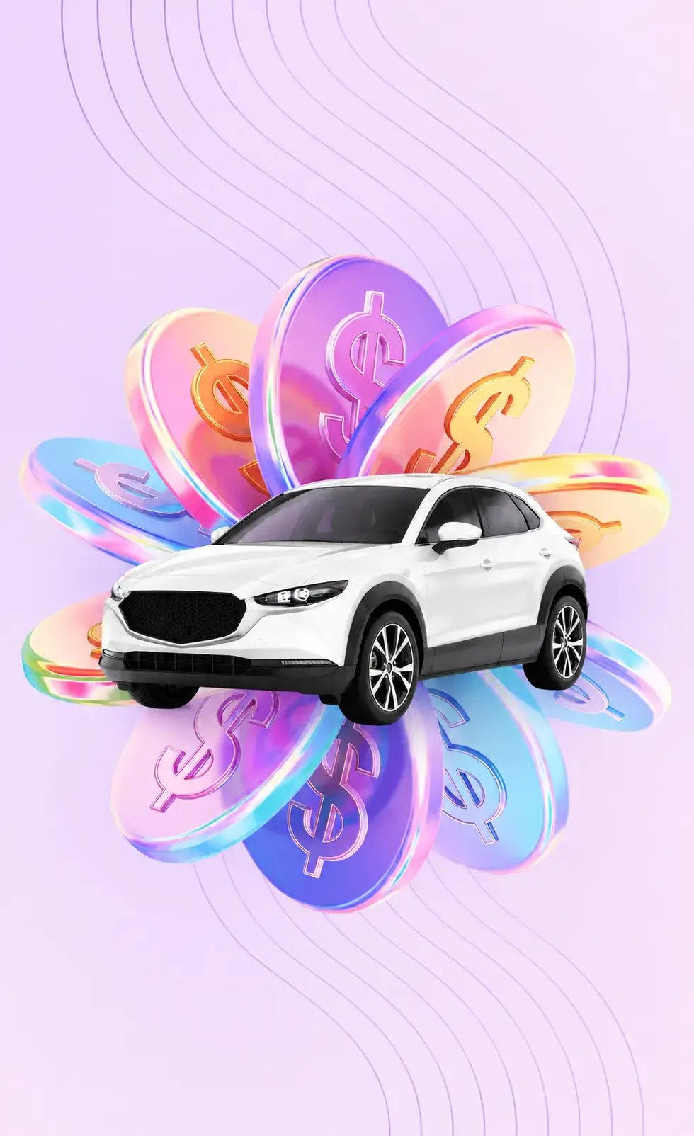 White-car-on-violet-background-with-coins