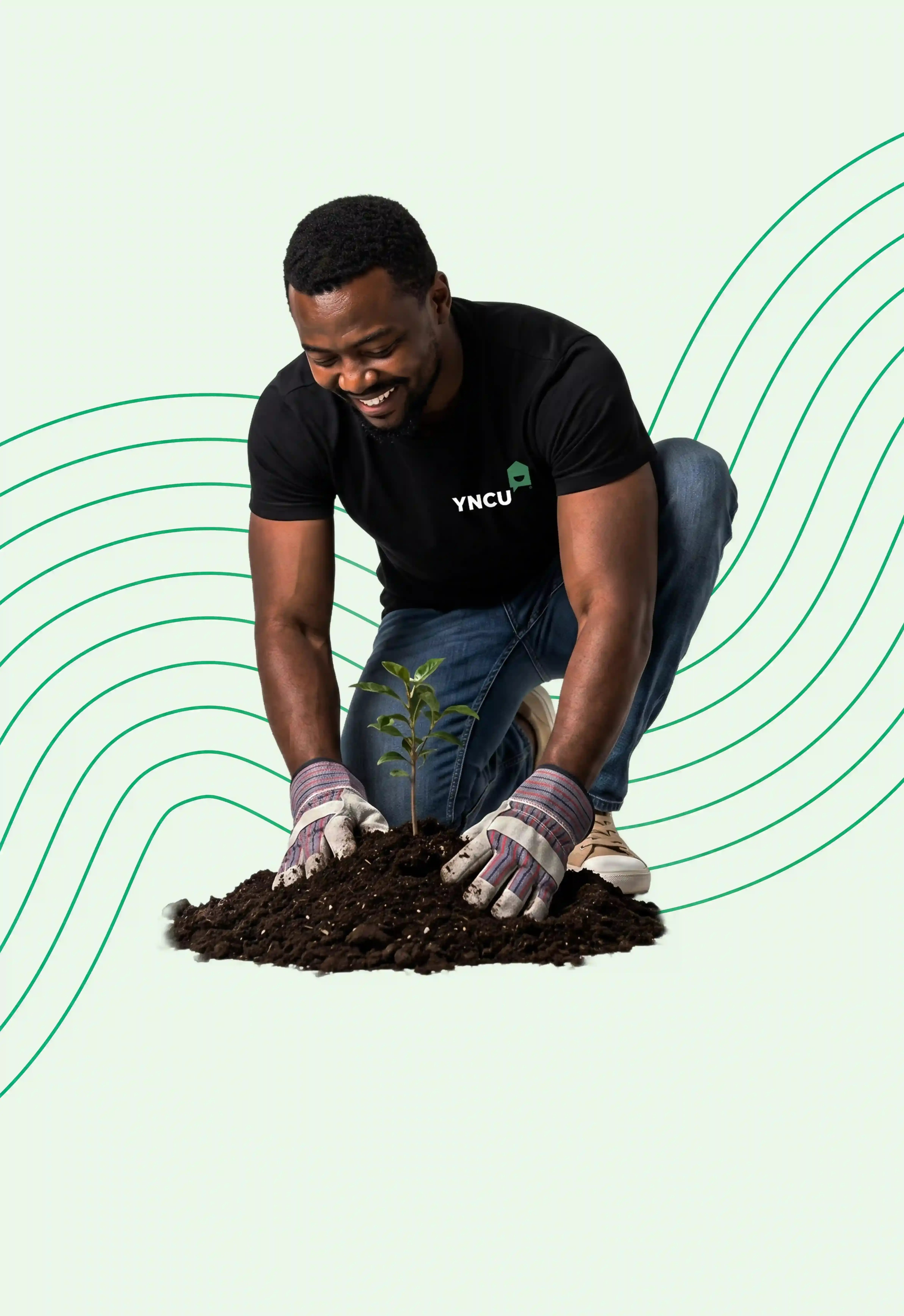 Man in black YNCU t-short planting a tree on a green background with geometric designs