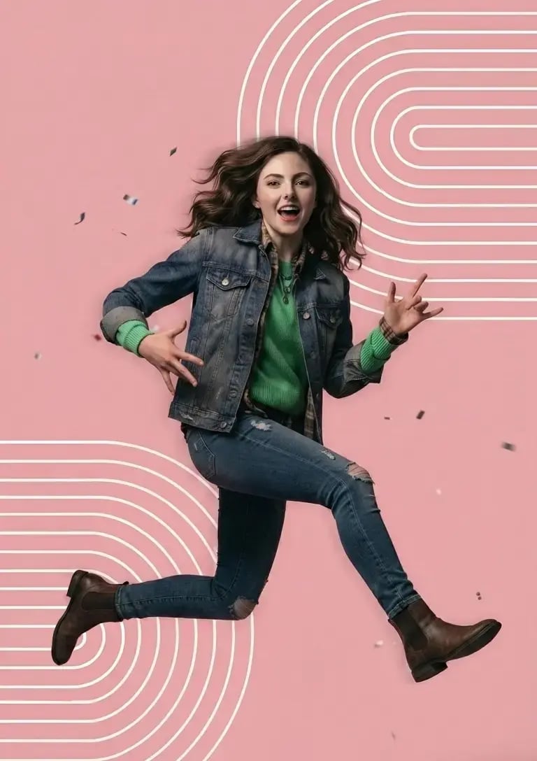 Young-woman-in-gren-sweater-jumping