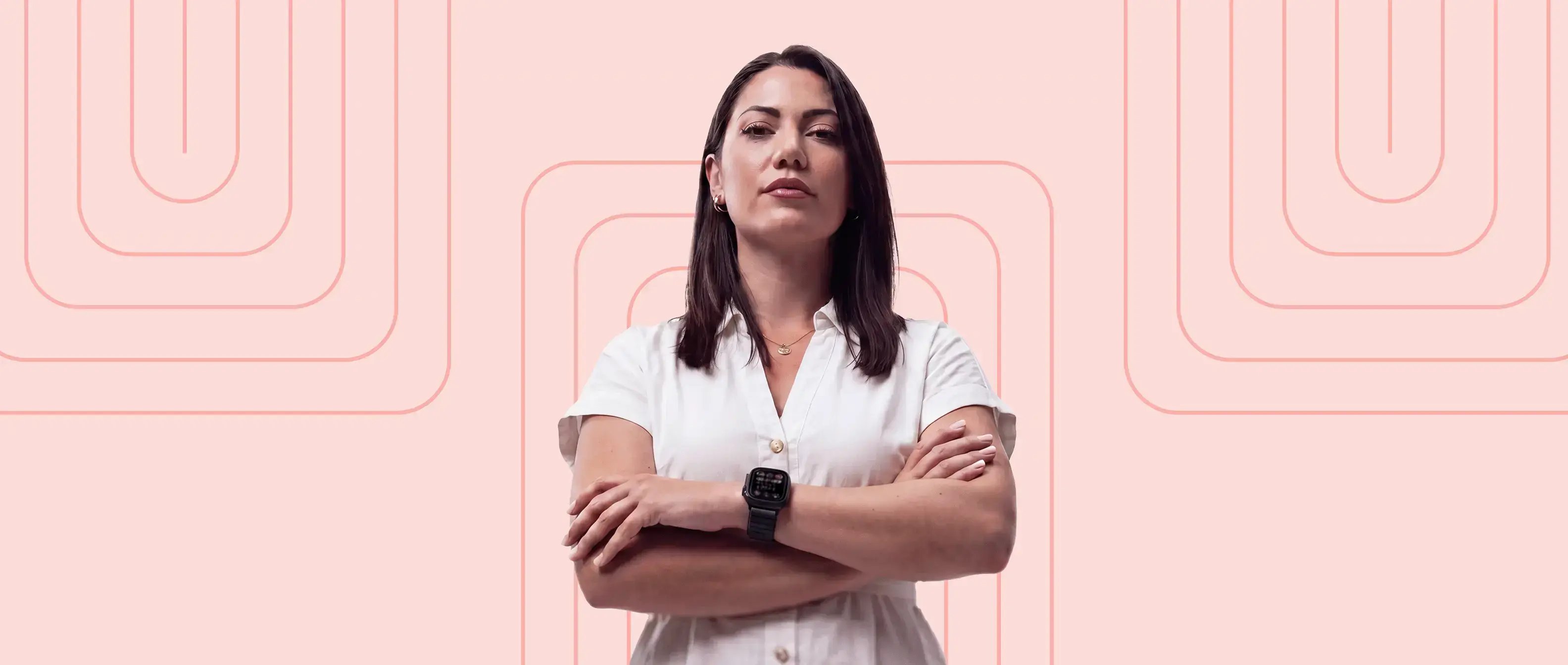 Mature-woman-on- pink-geometric-background