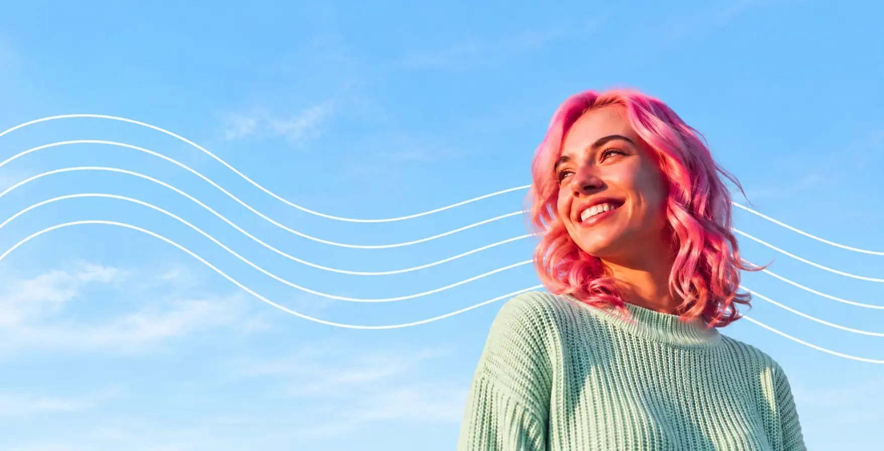 Joyful Pink-Haired Woman Beneath Waves