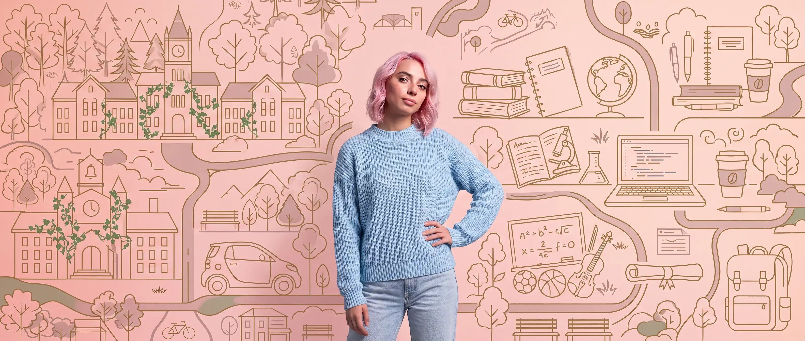 Pink-haired-woman-on-sketch-background
