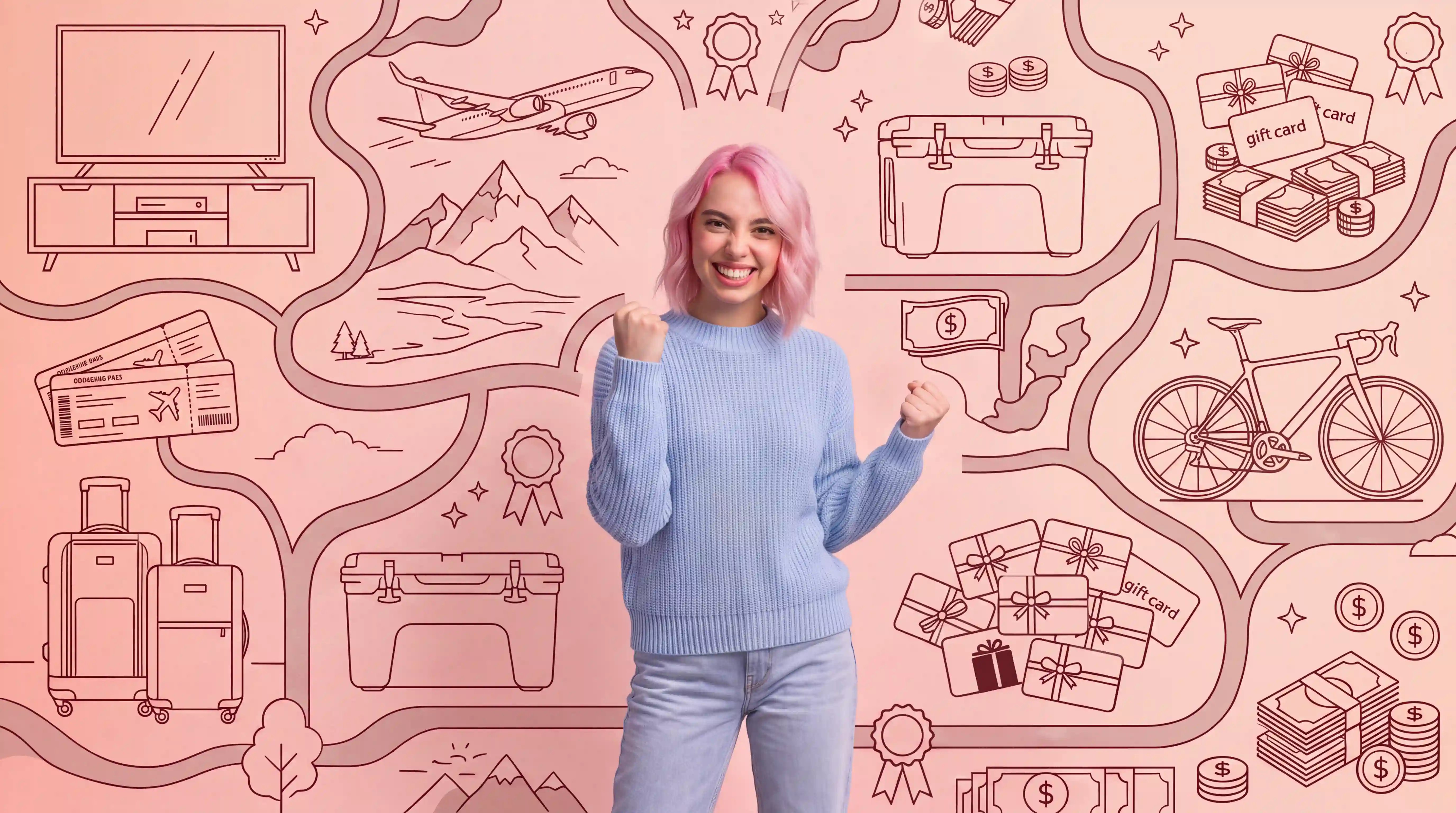 Woman with pink hair wearing a blue sweater standing in front of a pink wall with designs