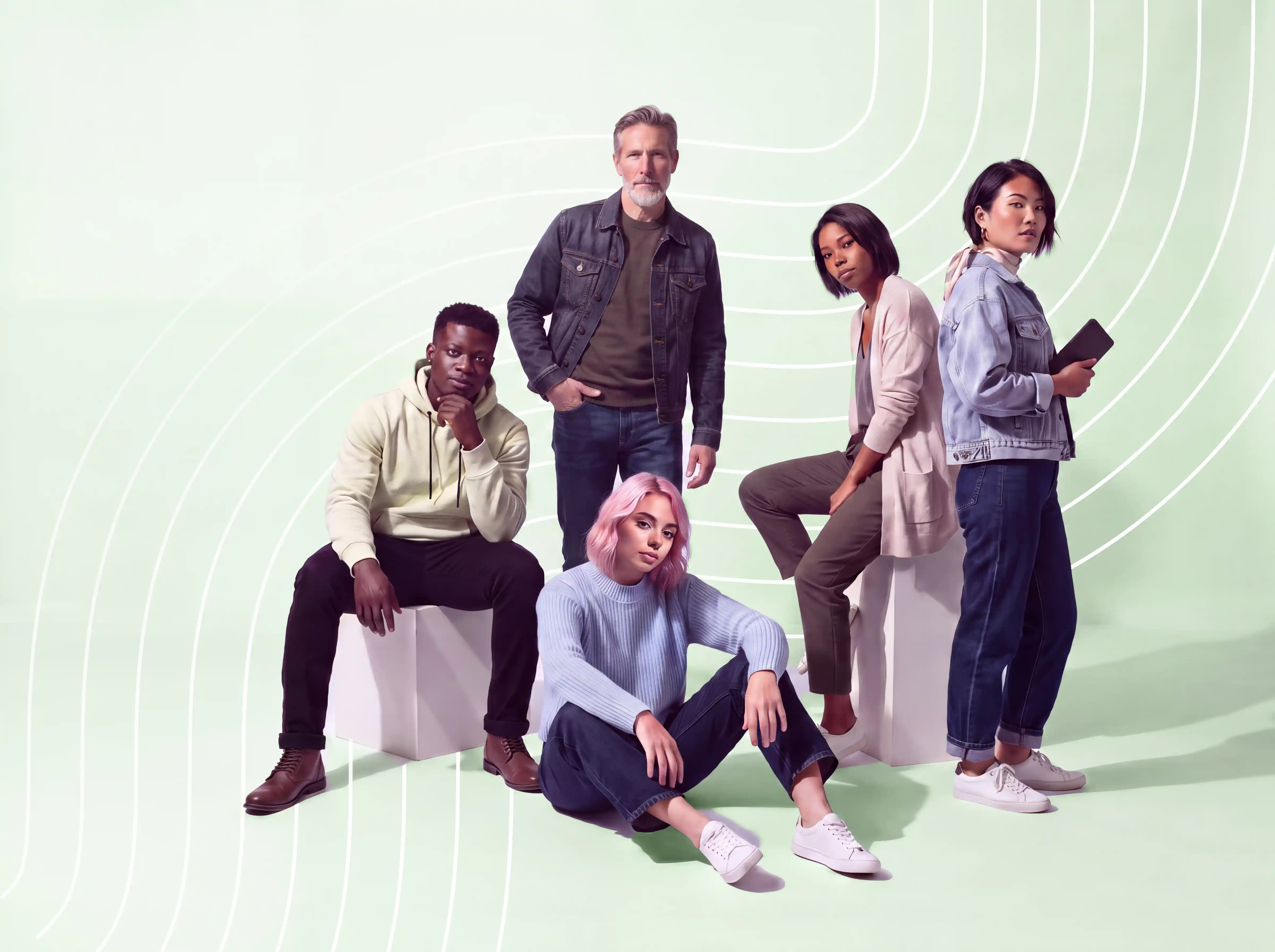 Group of 5 people looking at the camera on a green background with circular designs