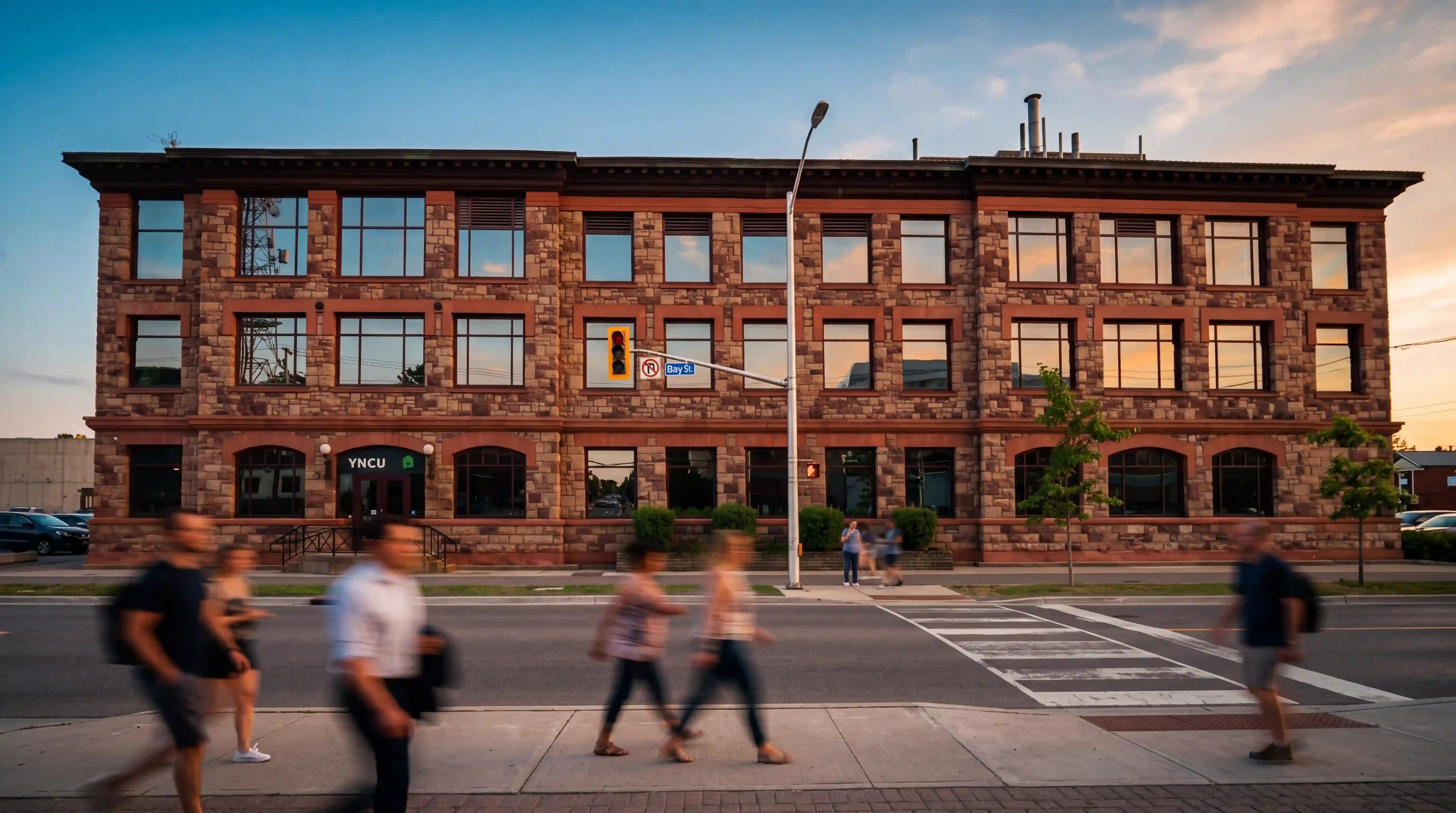 An exterior photo of the YNCU Sault Ste. Marie Bay branch at dusk with people walking by
