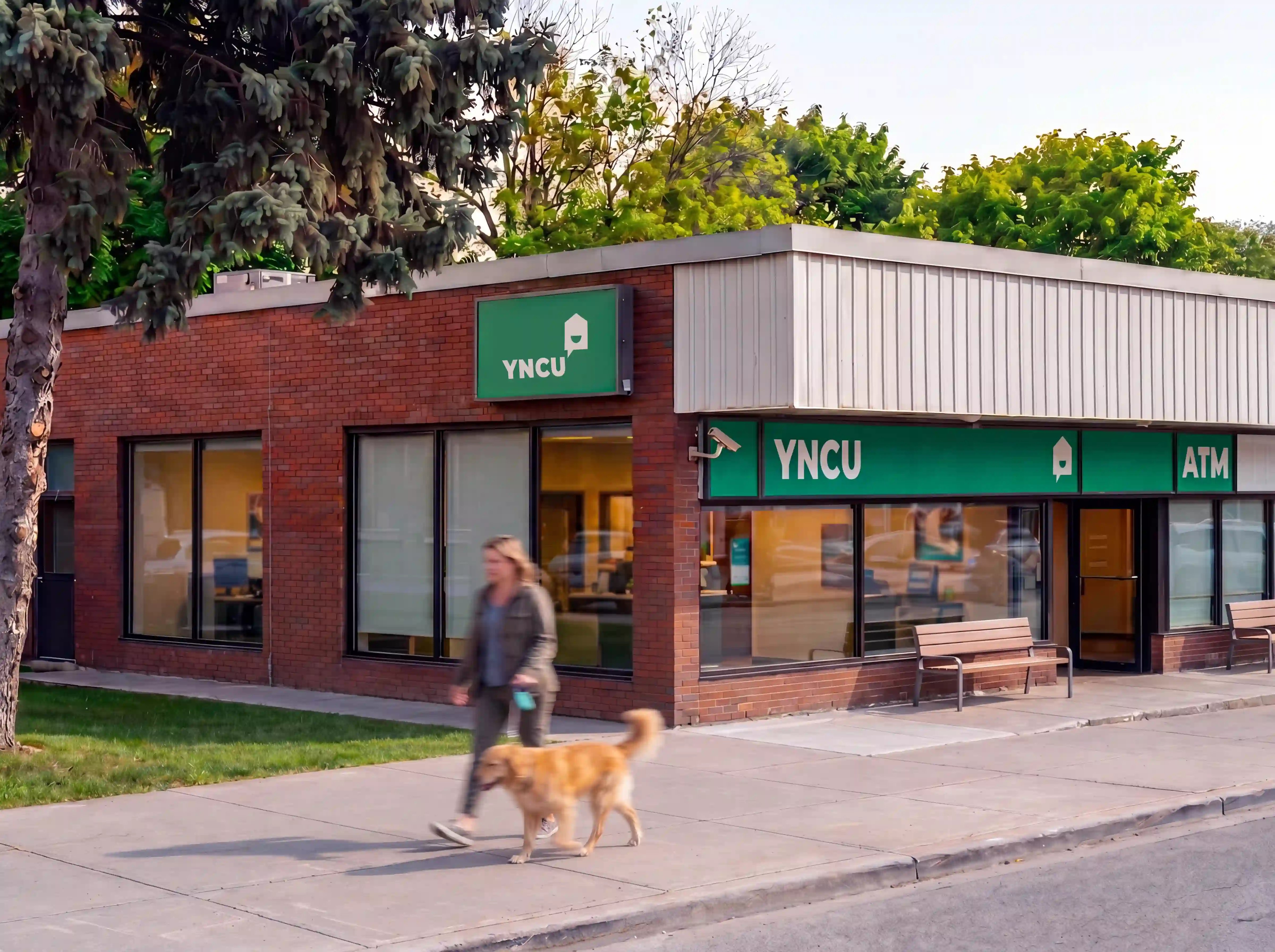 An exterior photo the YNCU Brantford Fairview branch on a summer day with a person walking their dog on the sidewalk