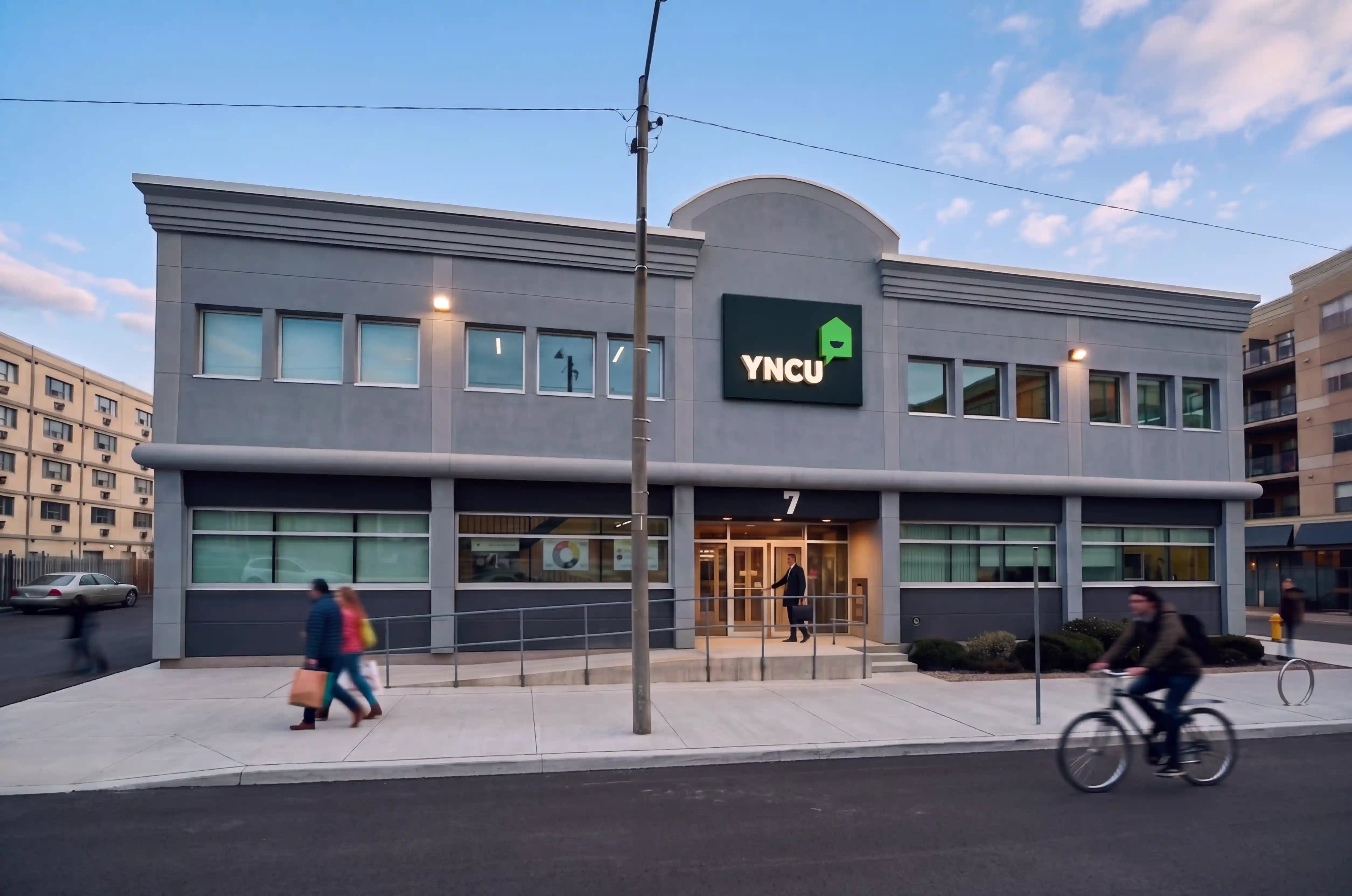 An exterior photo of the Brantford Charlotte location with the sun setting and people walking and biking by