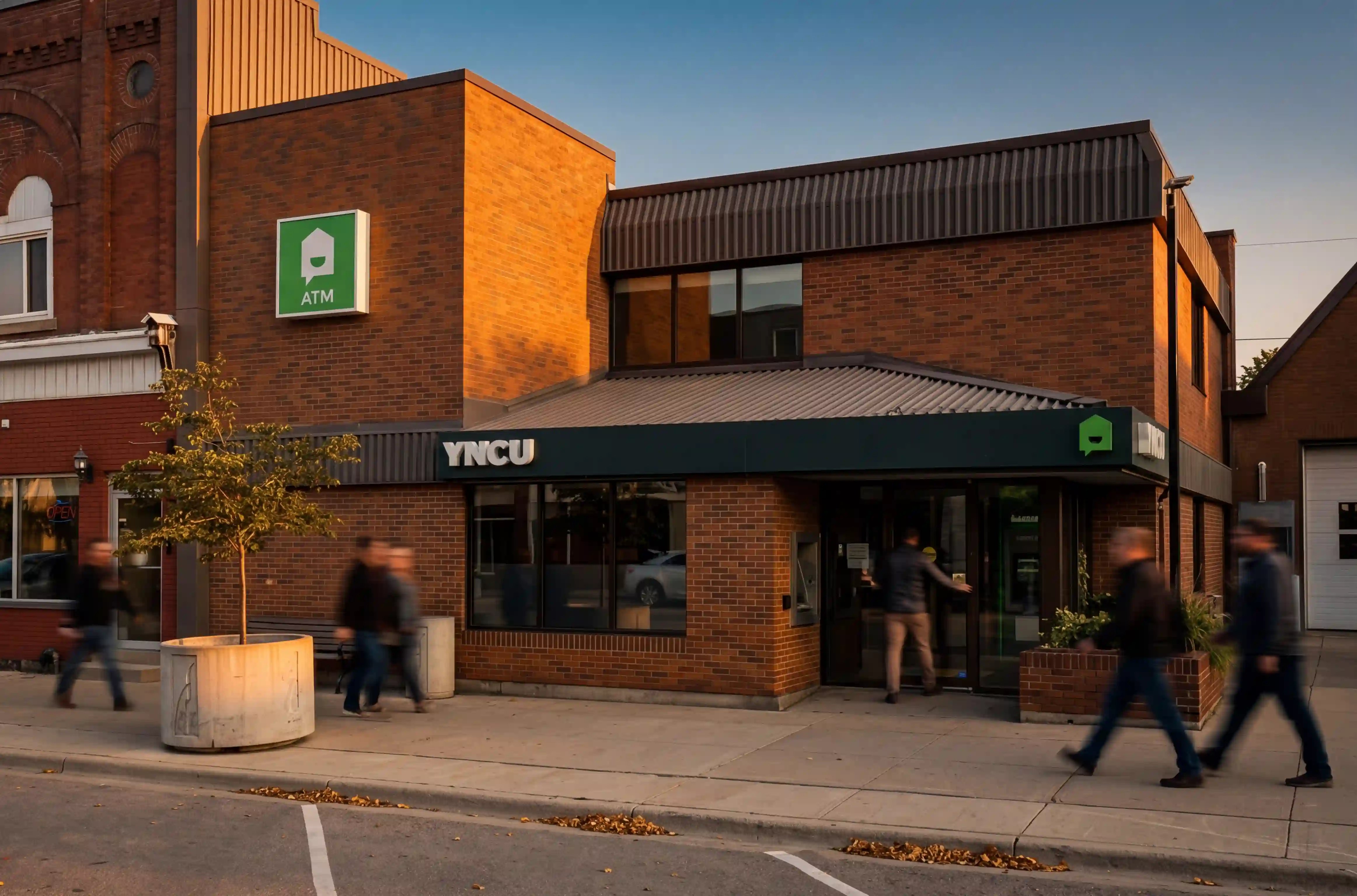 Exterior photo of the YNCU Mitchell location with the sun setting and people walking by