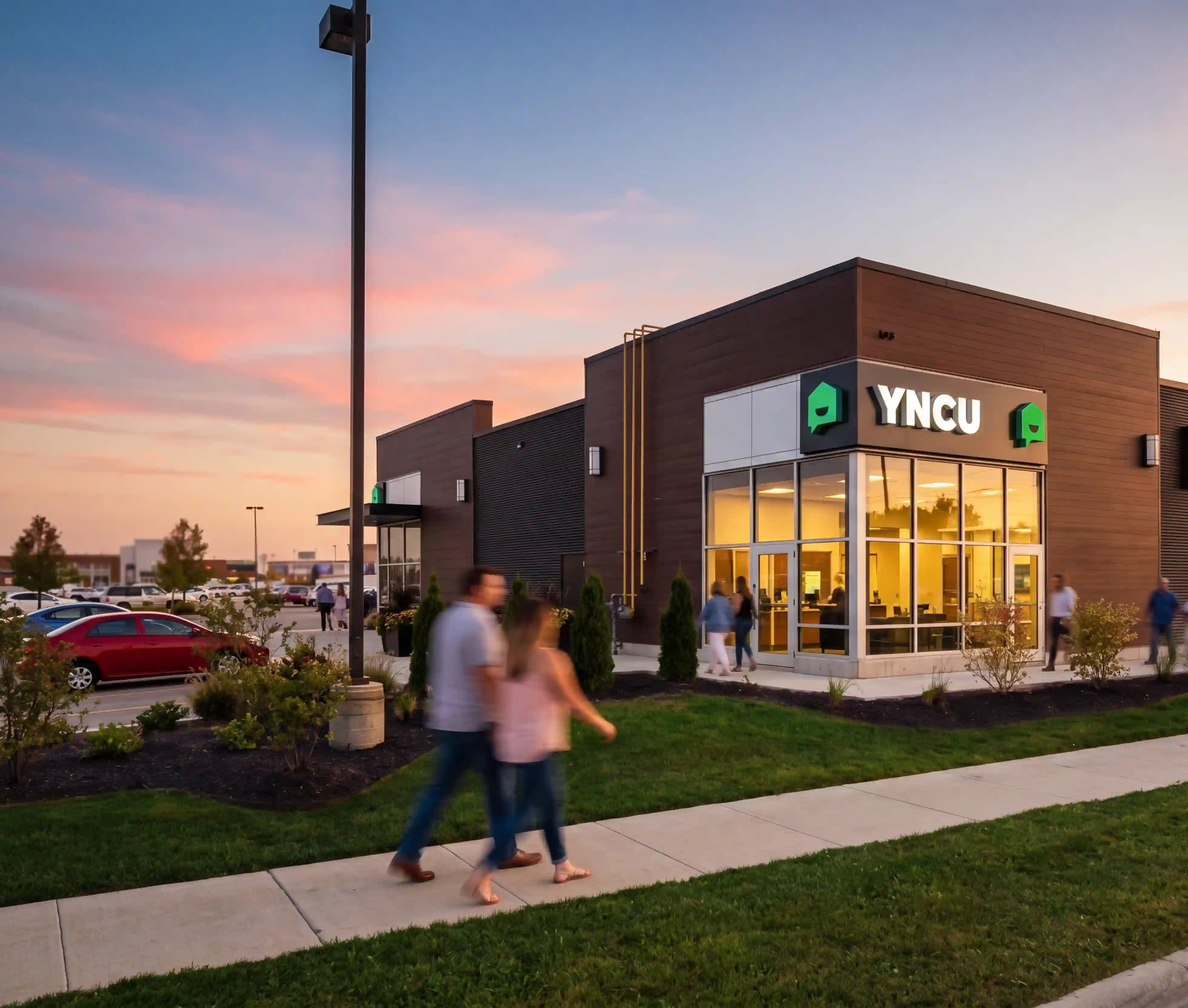 An exterior shot of the YNCU Stratford branch at duck with people walking by