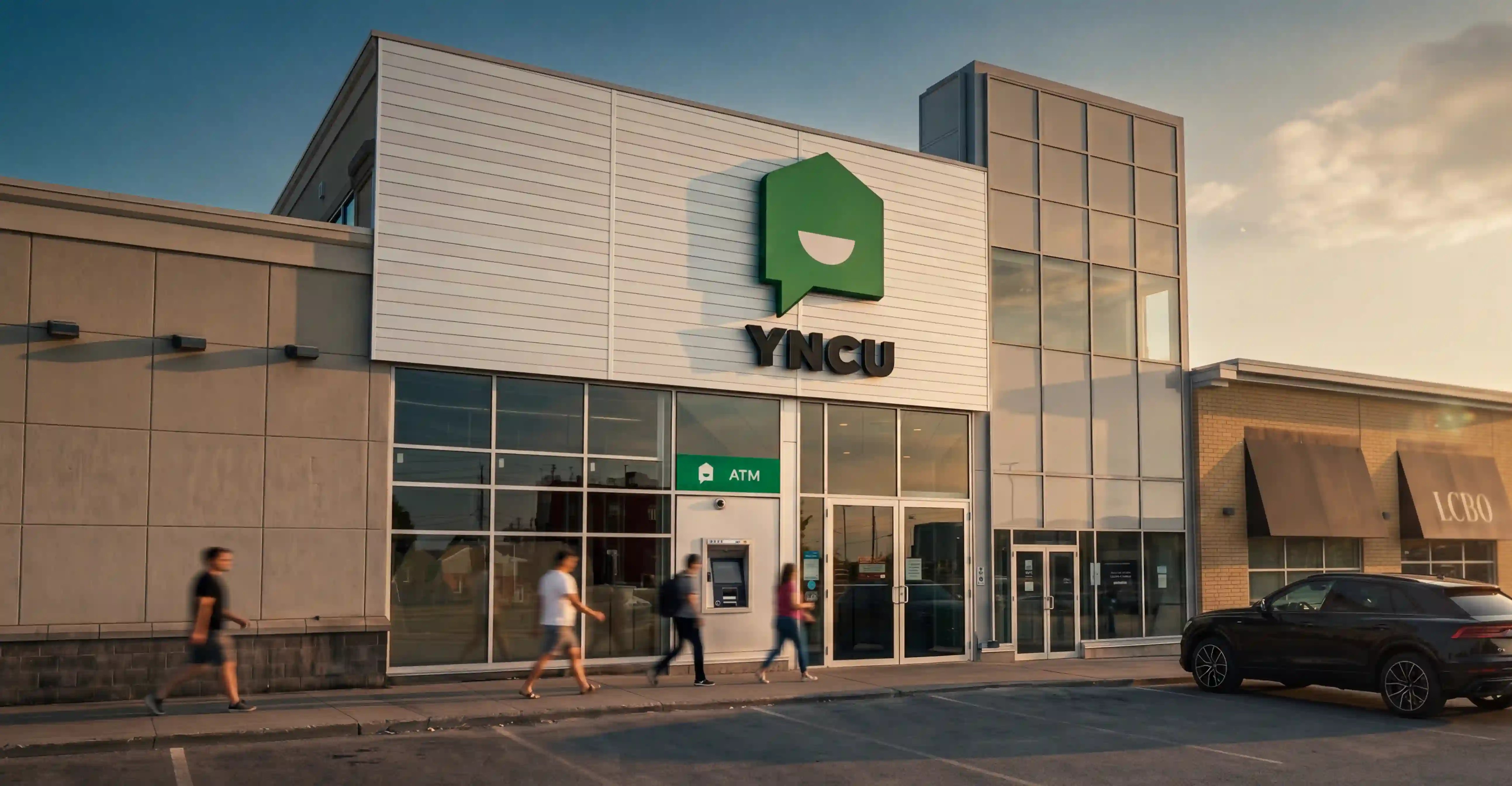 An exterior photo of the YNCU Timmins branch at duck with people walking by on the front sidewalk