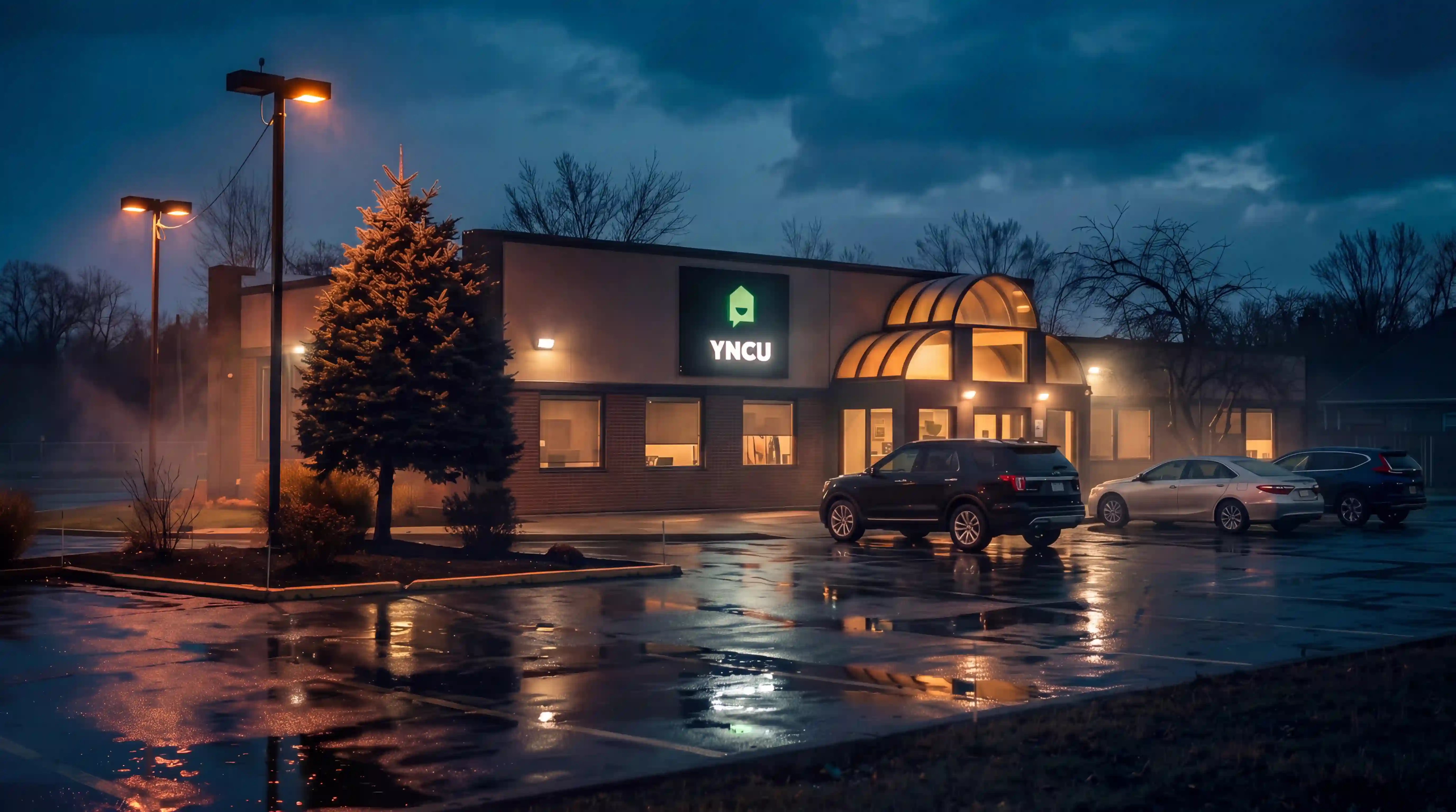 An exterior photo of the YNCU Trunk road location in Sault Ste. Marie at night with cards parked in the parking lot.