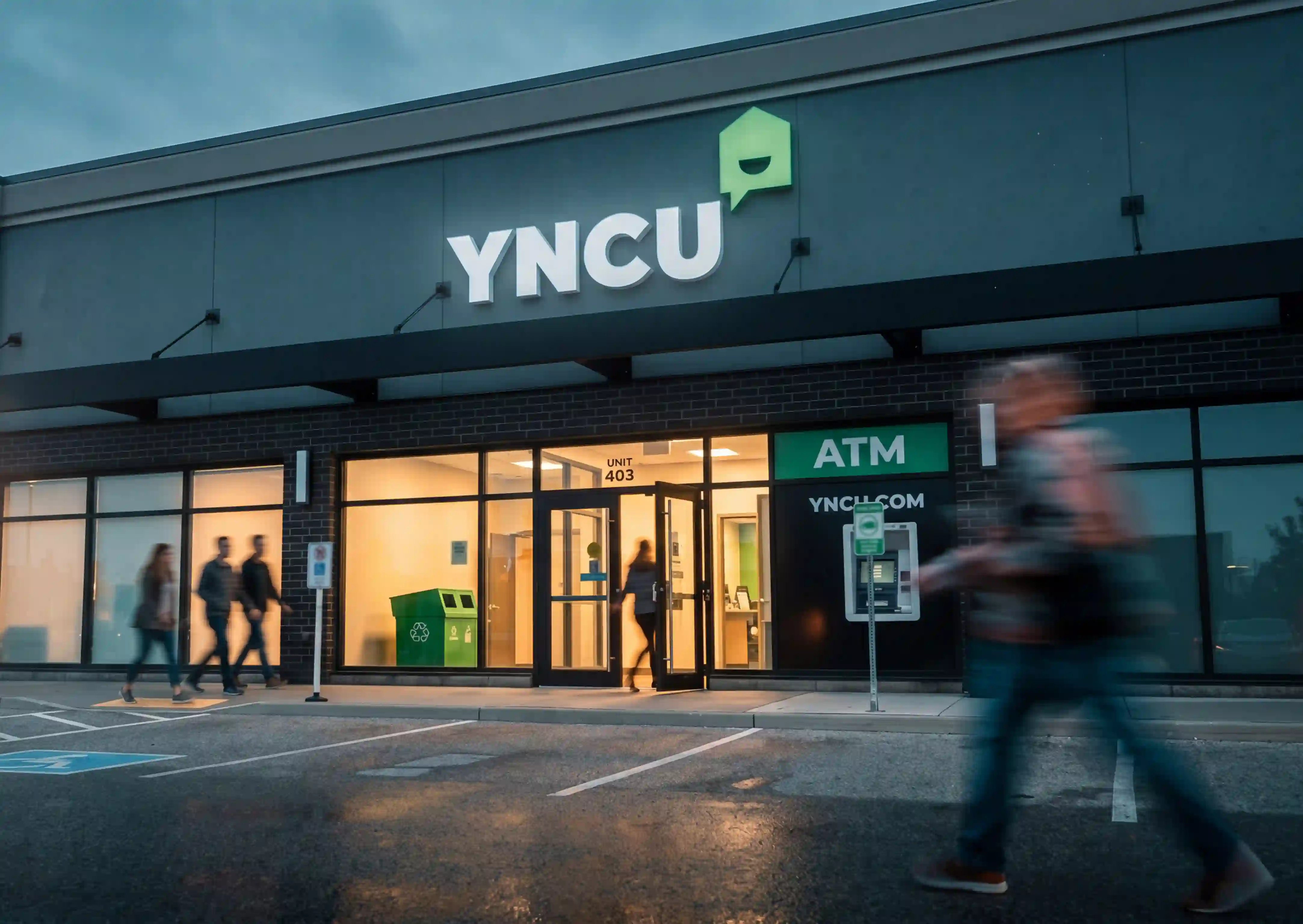 An exterior photo of the YNCU Windsor branch in the evening with people walking by