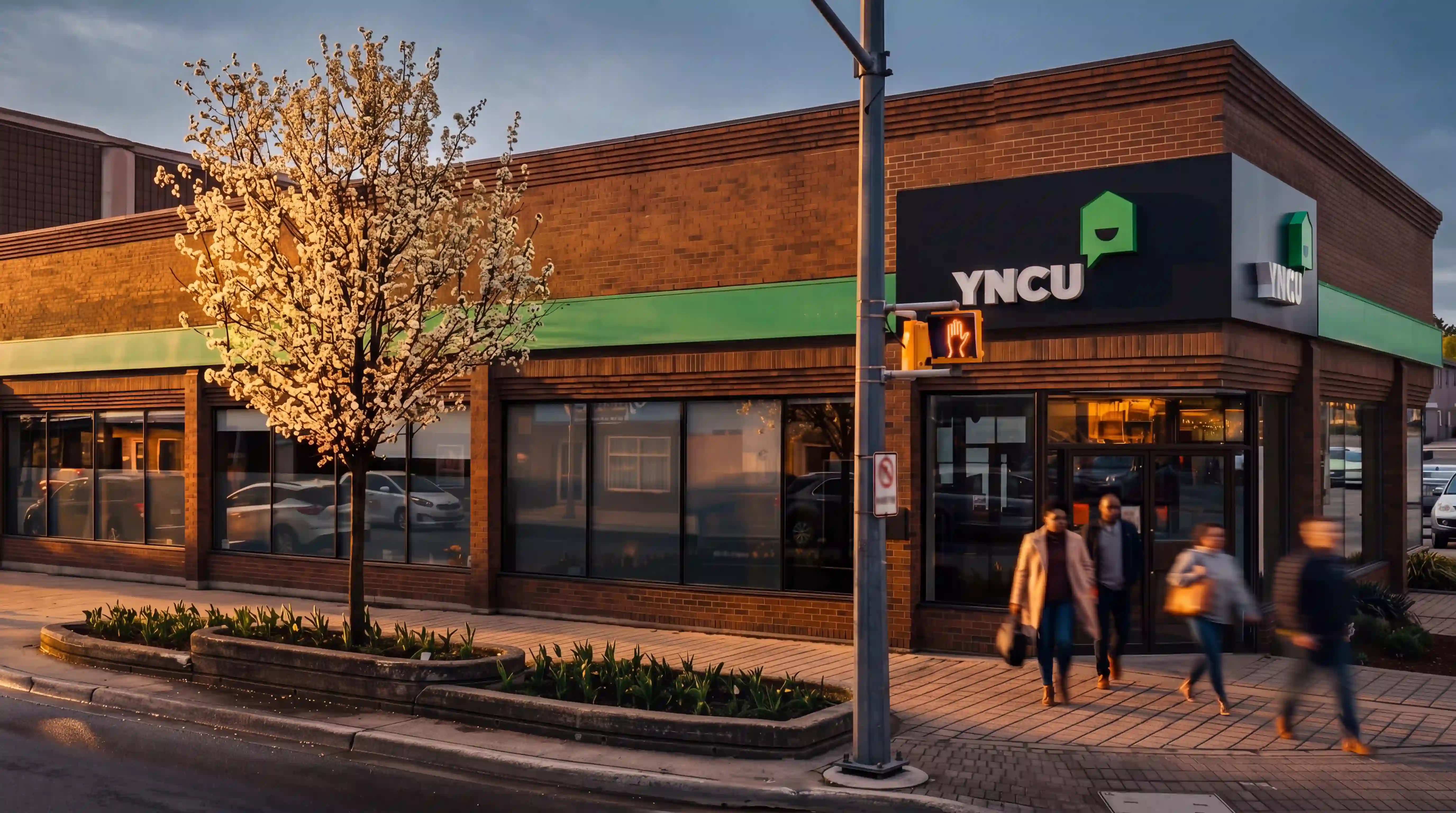 An exterior photo of the Woodstock branch with the sun setting and people walking by