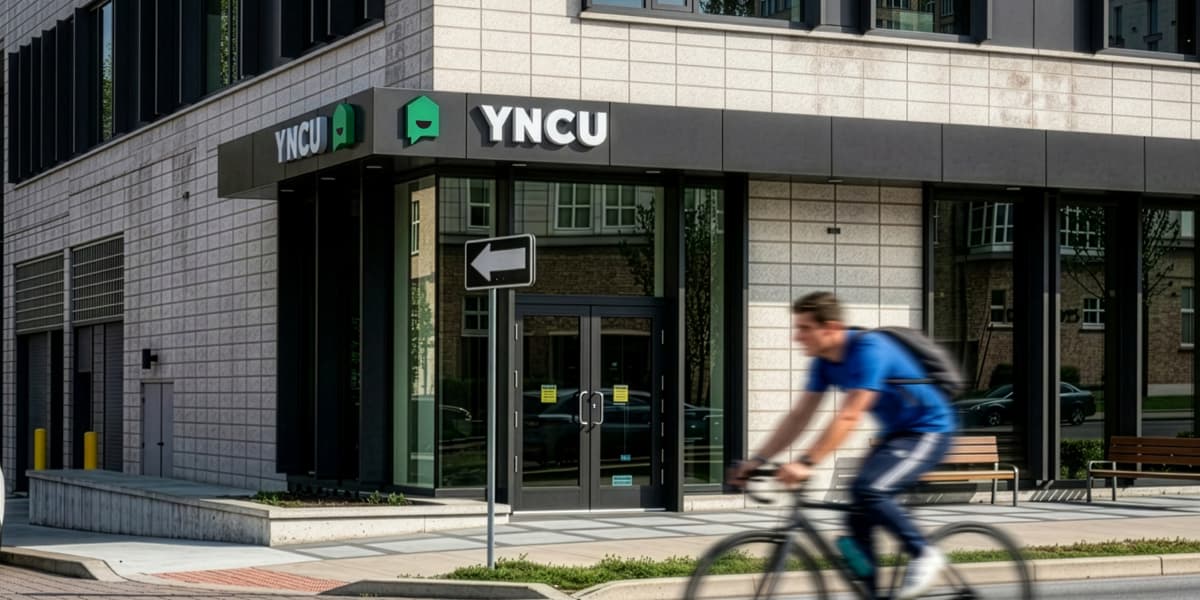 Man rides a bike past a YNCU Waterloo branch