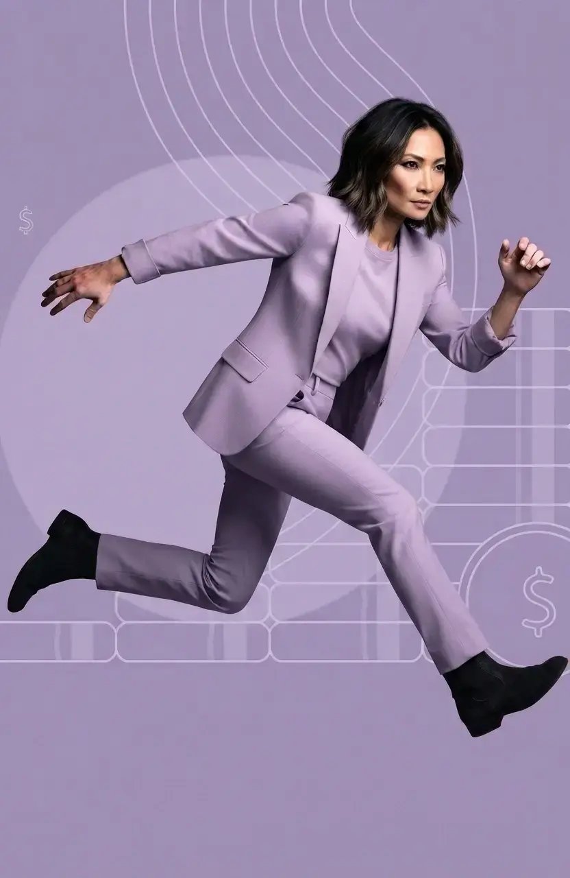 Asian-woman-jumping-in-front-of-violet-graphics